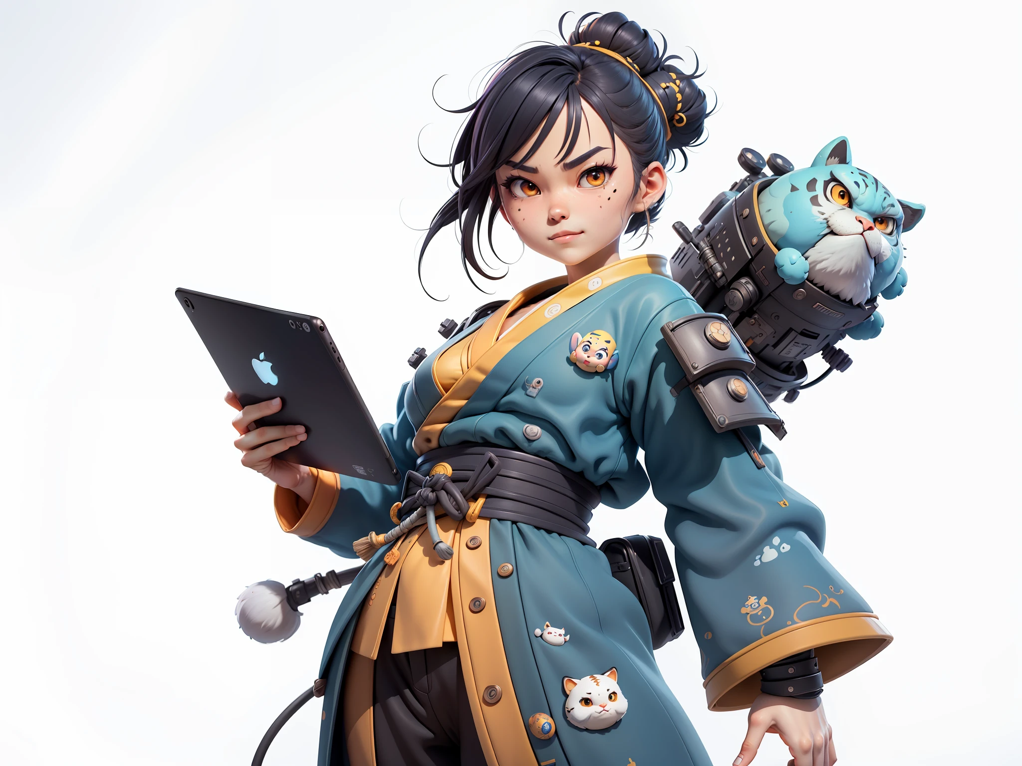 (Masterpiece), (Extreme Quality), (Super Meticulous), (Full Body: 1.2), Super Young Woman, Japanese Female Samurai Beautiful, Tiger, Sexy, Bursting, Oriental Face, TV Anchor, Bust Portrait Illustration, Alone, Black Suit, Blue Tie, Slightly Chubby Face, Very Clean Face, No Beard, Black Super Short Hair, Black Eyes, Confident Smile, 3c Computer Sub-Products, iPad, iPhone, Digital Painting, 3D Character Design by Mark Clairedon and Pixar and Hayao Miyazaki, The illustration is a high-definition illustration in 4K resolution with very detailed facial features and cartoon-style visuals.