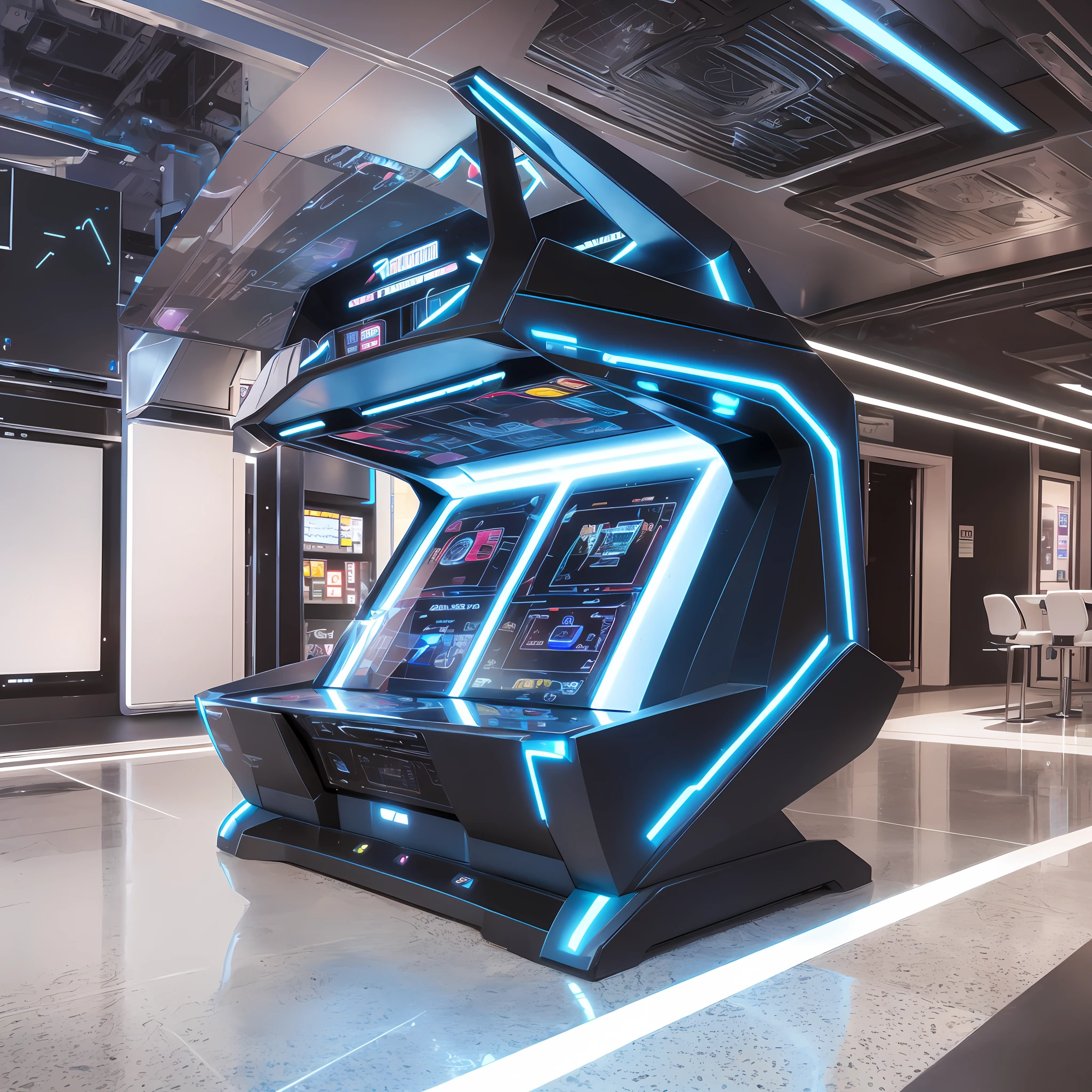 Quantum video game, LEDs, retrofuturistic style, futuristic video game design, quantum futuristic arcade. --auto --s2
