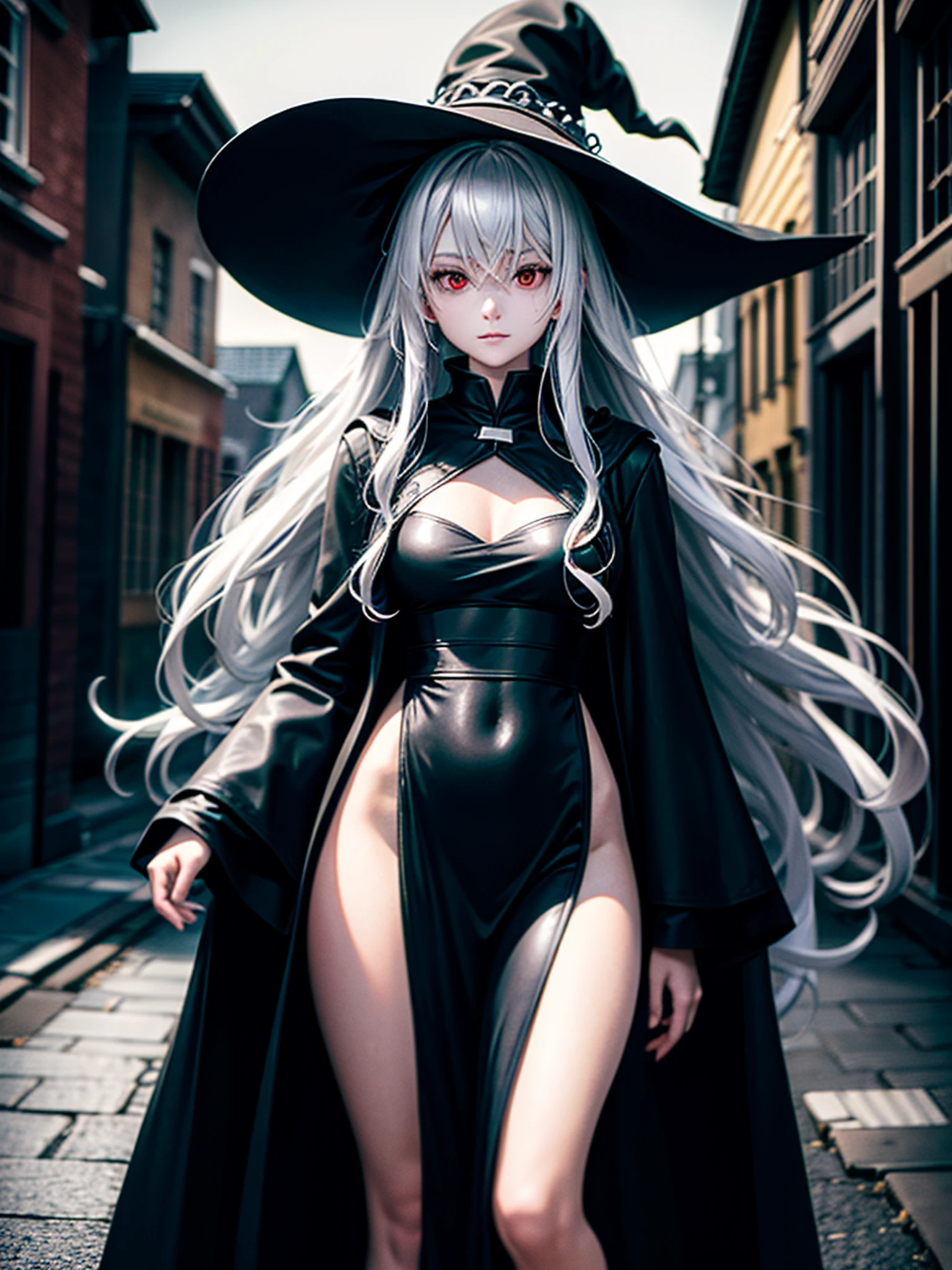 RAW photo, one person, full body black robe, skin invisible, red eyes, full body photo of 300 year old woman, pointing here, wavy white hair, long hair, witch hat, white skin, slender body, urban ruins background, (very detailed skin: 1.2), 8k UHD, DSLR, soft lighting, high quality, film particles, fujifilm XT3