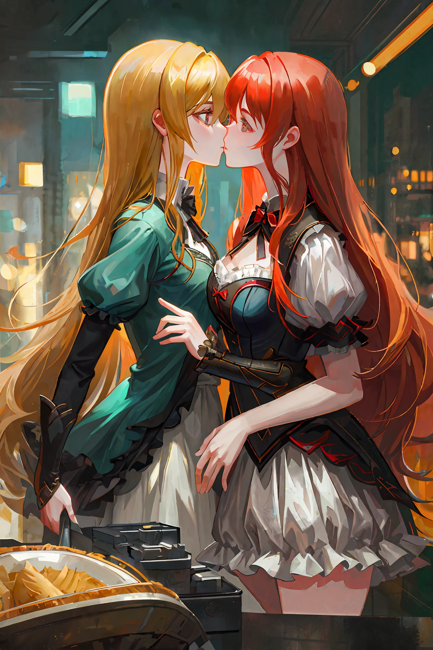 fantastic realism, bokeh,  ultra detailed, 2girls facing each other, chest against chest, kiss, red head and blond girl, underwear, indoors, narrow storage room, detailed background,