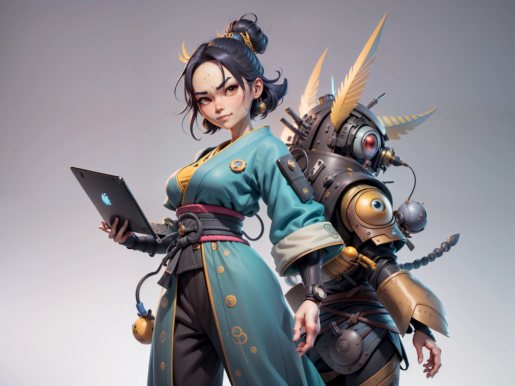 (Masterpiece), (Excellent), (Super Meticulous), (Full Body: 1.2), Super Young Woman, Japanese Female Samurai Beautiful, Phoenix, Sexy, Bursting, Oriental Face, TV Anchor, Bust Portrait Illustration, Alone, Black Suit, Blue Tie, Slightly Chubby Face, Very Clean Face, No Beard, Black Super Short Hair, Black Eyes, Confident Smile, 3c Computer Sub-Products, iPad, iPhone, Digital Painting, 3D Character Design by Mark Clairenden and Pixar and Hayao Miyazaki, The illustration is a high-definition illustration in 4K resolution with very detailed facial features and cartoon-style visuals.