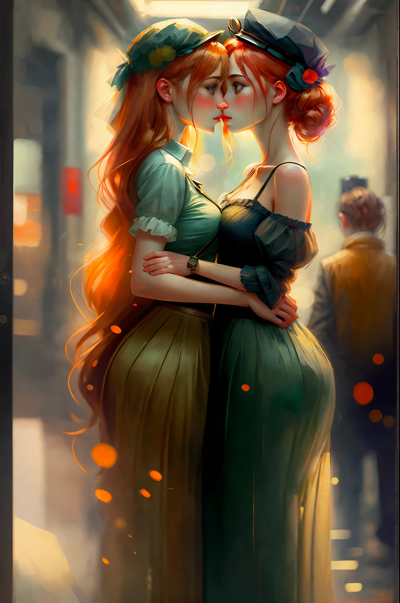 fantastic realism, bokeh,  ultra detailed, 2girls facing each other, chest against chest, kiss, red head and blond girl, underwear, indoors, narrow storage room, detailed background,