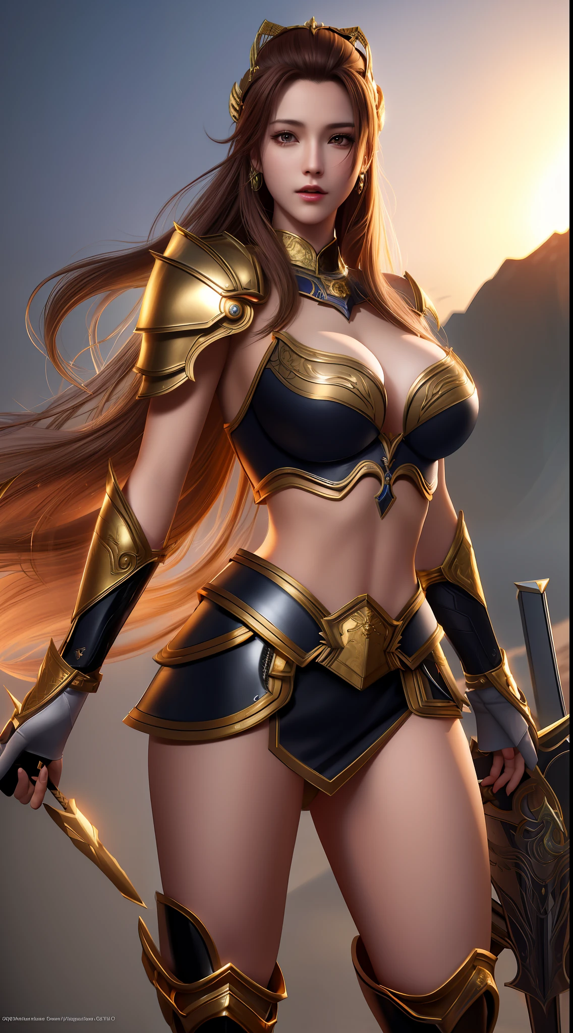Half-body portrait of a 25-year-old woman, with large breasts and large butt, wearing the armor of aries ((knights of the zodiac)), showing her bare breasts and abdomen, very detailed, hyper-realistic, 8k resolution, very detailed facial features, cinematic lighting