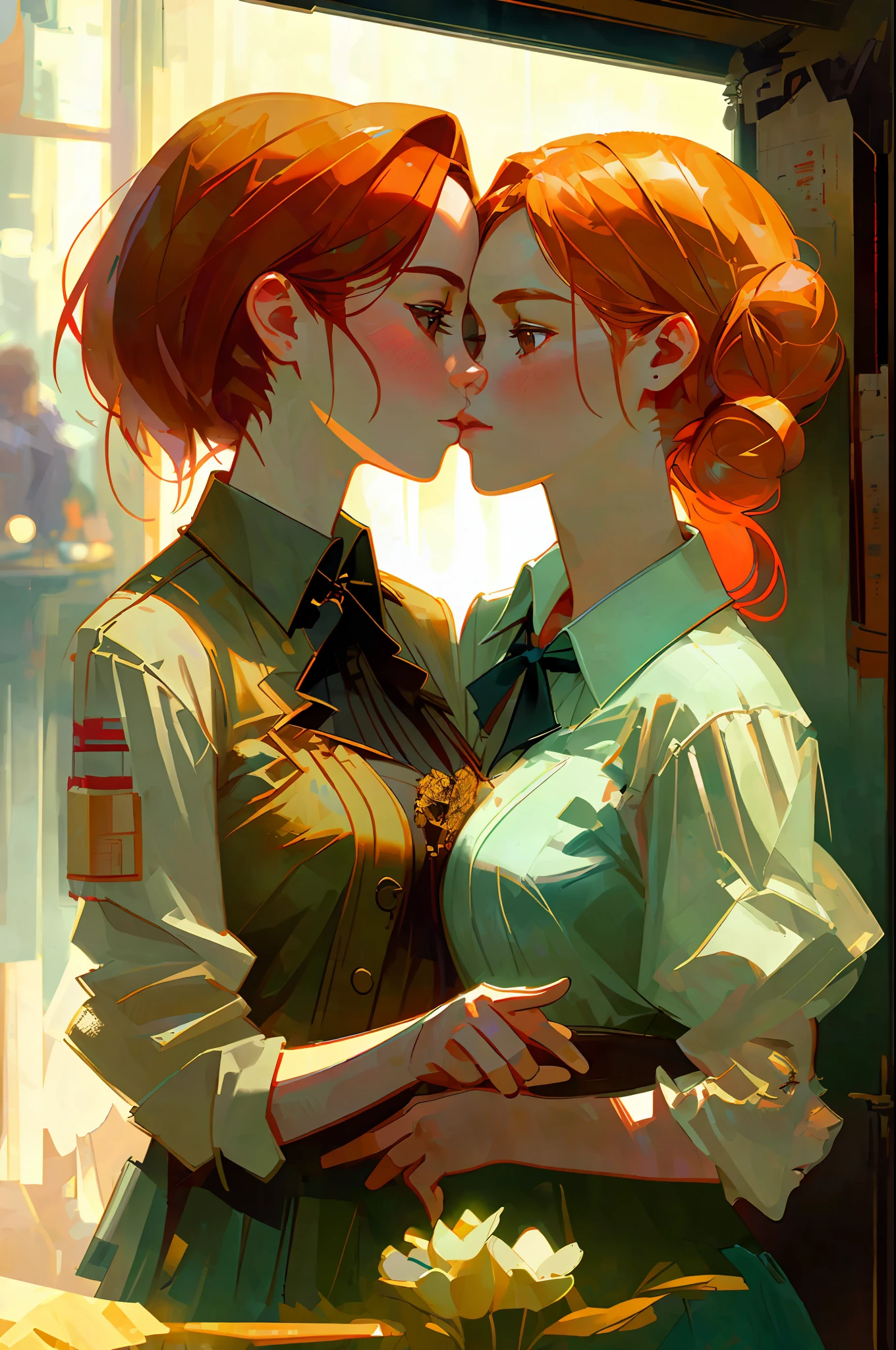 fantastic realism, bokeh,  ultra detailed, 2girls facing each other, chest against chest, kiss, red head and blond girl, underwear, indoors, narrow storage room, detailed background,