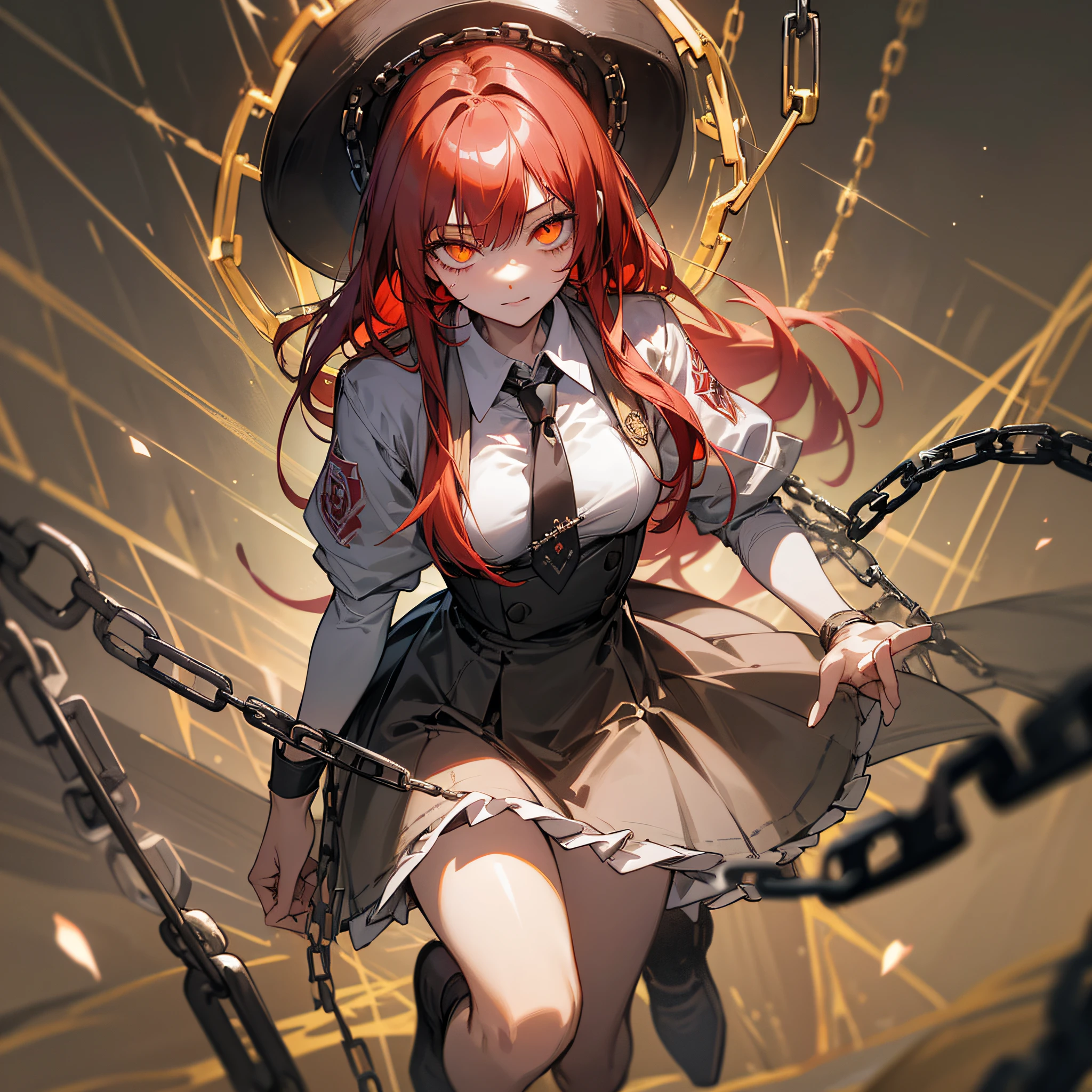 (best quality), (masterpiece), (highres), (depth of field), perfect lighting, extremely detailed girl, extremely detailed face, 1 girl, beautiful detailed eyes, full body, (looking at viewer),(sharp focus) makima \(chainsaw man\), red hair, long braided hair, golden eyes, bangs, medium breasts, white shirt, loose necktie, untied necktie, glowing eyes, swirl eyes, small smile, (dark background, chains:1.3), holding chain, evil, blood on face, --auto --s2