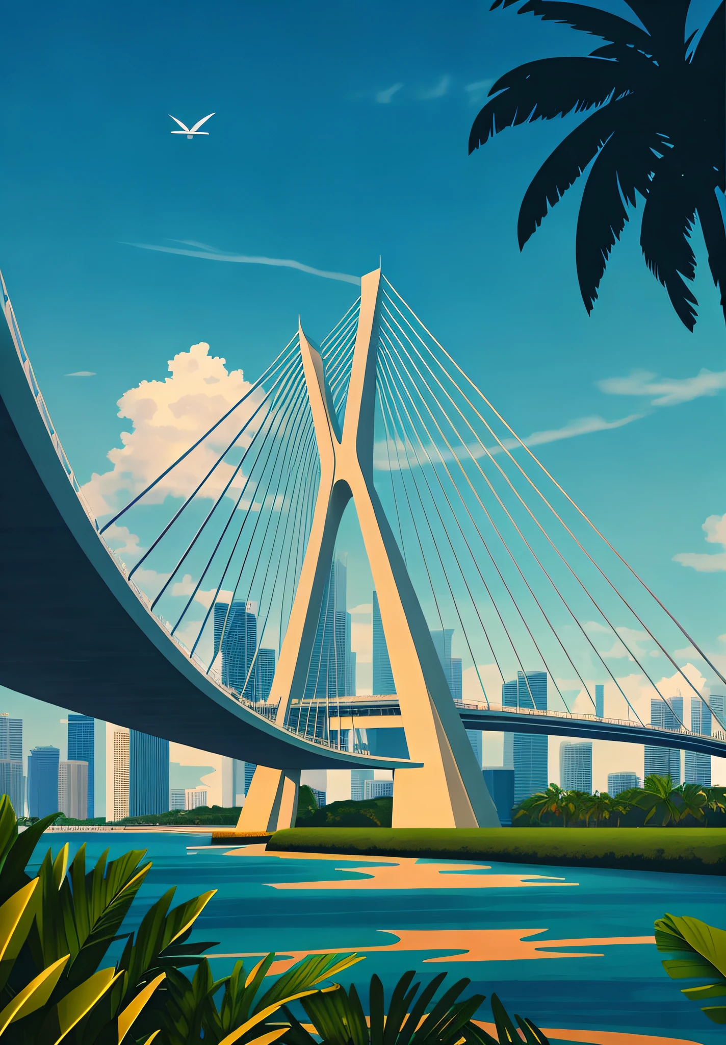 a close up of a bridge with a palm tree in the foreground, in style of digital illustration, miami. illustration, futuristic sao paulo, elegant bridges between towers, tall bridge with city on top, outdoors tropical cityscape, soaring towers and bridges, stylized digital illustration, sao paulo in the year 2 0 7 0, by Rodolfo Amoedo, by André Castro