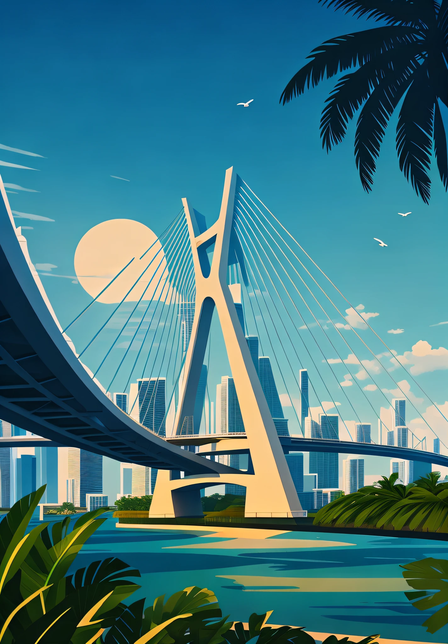 a close up of a bridge with a palm tree in the foreground, in style of digital illustration, miami. illustration, futuristic sao paulo, elegant bridges between towers, tall bridge with city on top, outdoors tropical cityscape, soaring towers and bridges, stylized digital illustration, sao paulo in the year 2 0 7 0, by Rodolfo Amoedo, by André Castro