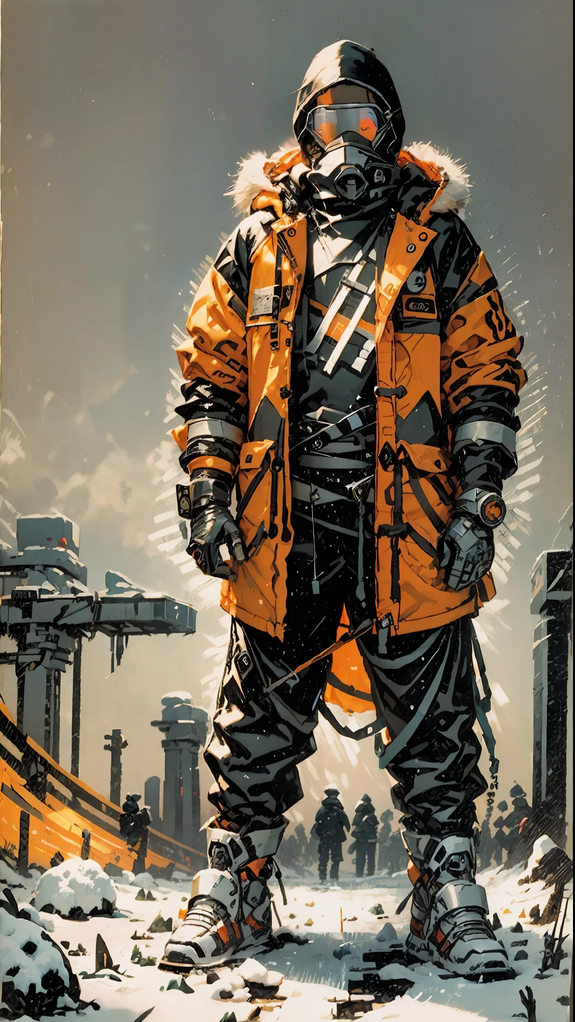 a Man , full body, rupa prisoner, cold, layers of clothes, bulky clothes, futuristic clothes, inspired by Adrienn Henczné Deáki, pants, cold, orange ropa, hood, respiratory masks, goggles protection, hands tied, ring of light neck, winter, high fashion, inspired by Olivia de Berardinis