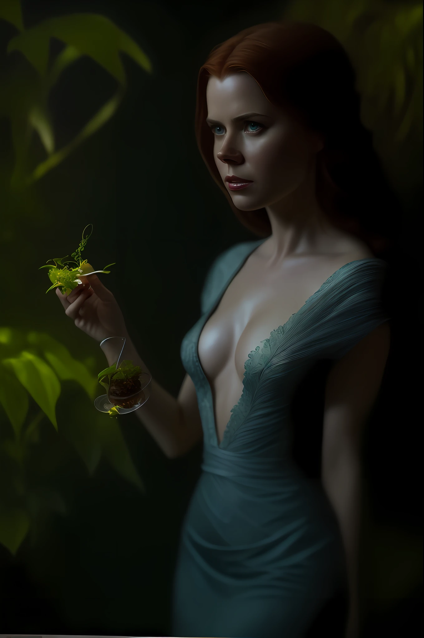 Super sexy Amy Adams as Ivy Poison DC Comics-style Batman villain holding a small vial of poison with various carnivorous plants and banana leaves in the background, vhs effect, (poster: 1.2), poster on the wall, nostalgia, movie poster, (skin texture), intricately detailed, fine detail, hyperdetailed, ray tracing, subsurface scattering, diffuse soft lighting, shallow depth of field, by (Oliver Wetter) Majestic professional oil painting by Ed Blinkey, Atey Ghailan, Studio Ghibli, by Jeremy Mann, Greg Manchess, Antonio Moro, trend at ArtStation, trend at CGSociety, Intricate, High Detail, Sharp Focus, Dramatic Painting and Photorealistic Art by (Greg Rutkowski:1.4), Bokeh