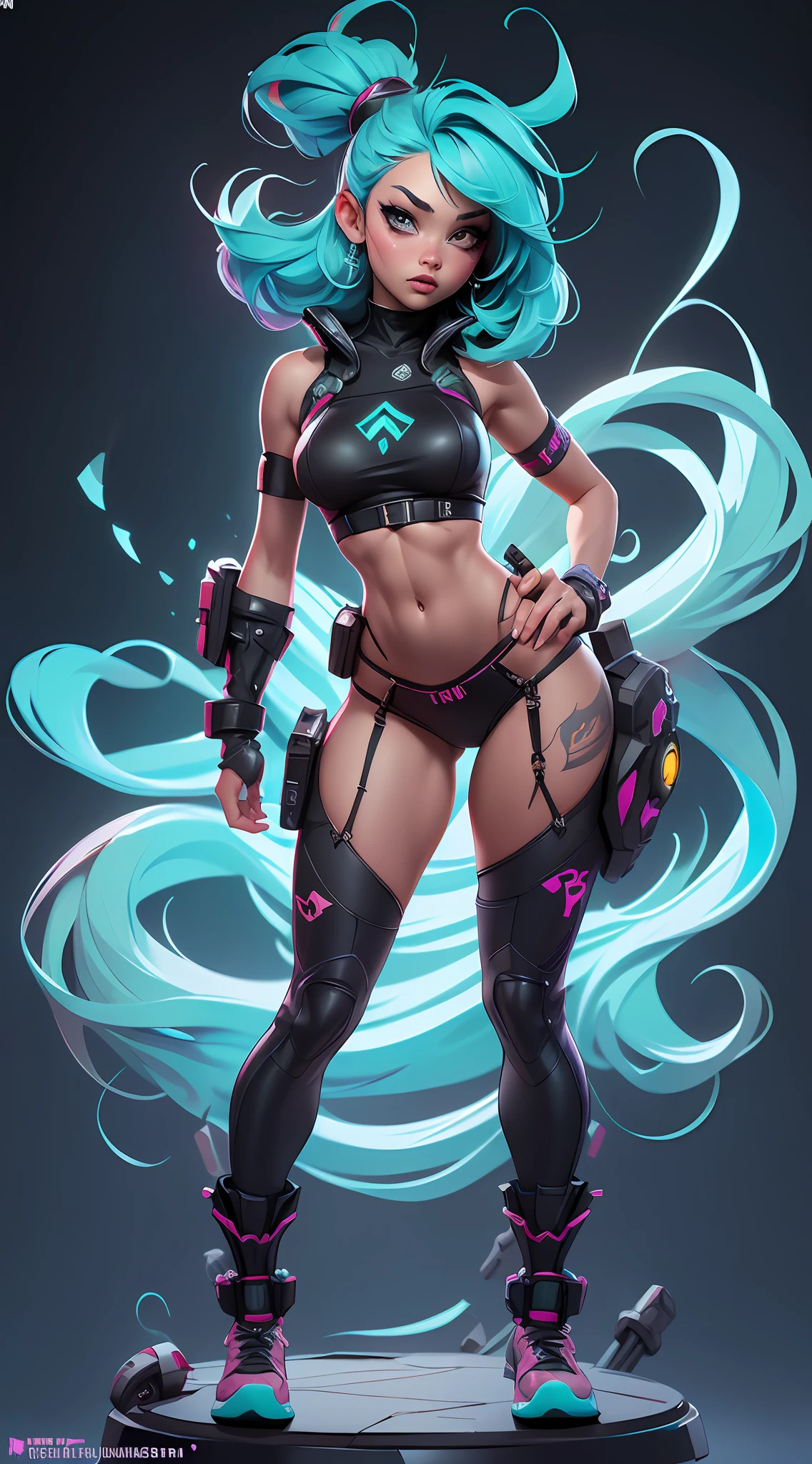 ((Best Quality)), ((Masterpiece)), ((Realistic)) and ultra-detailed photography of a 1nerdy girl with goth and neon colors. She has ((turquoise hair)), wears a (tech-wear top) and a (small skimpy black g string thong camel-toe) , ((beautiful and aesthetic)), muscular abs, sexy, under-boobs, hot (by Thomas Benjamin Kennington), ( by Pixelsketcher), (by Bayard Wu)