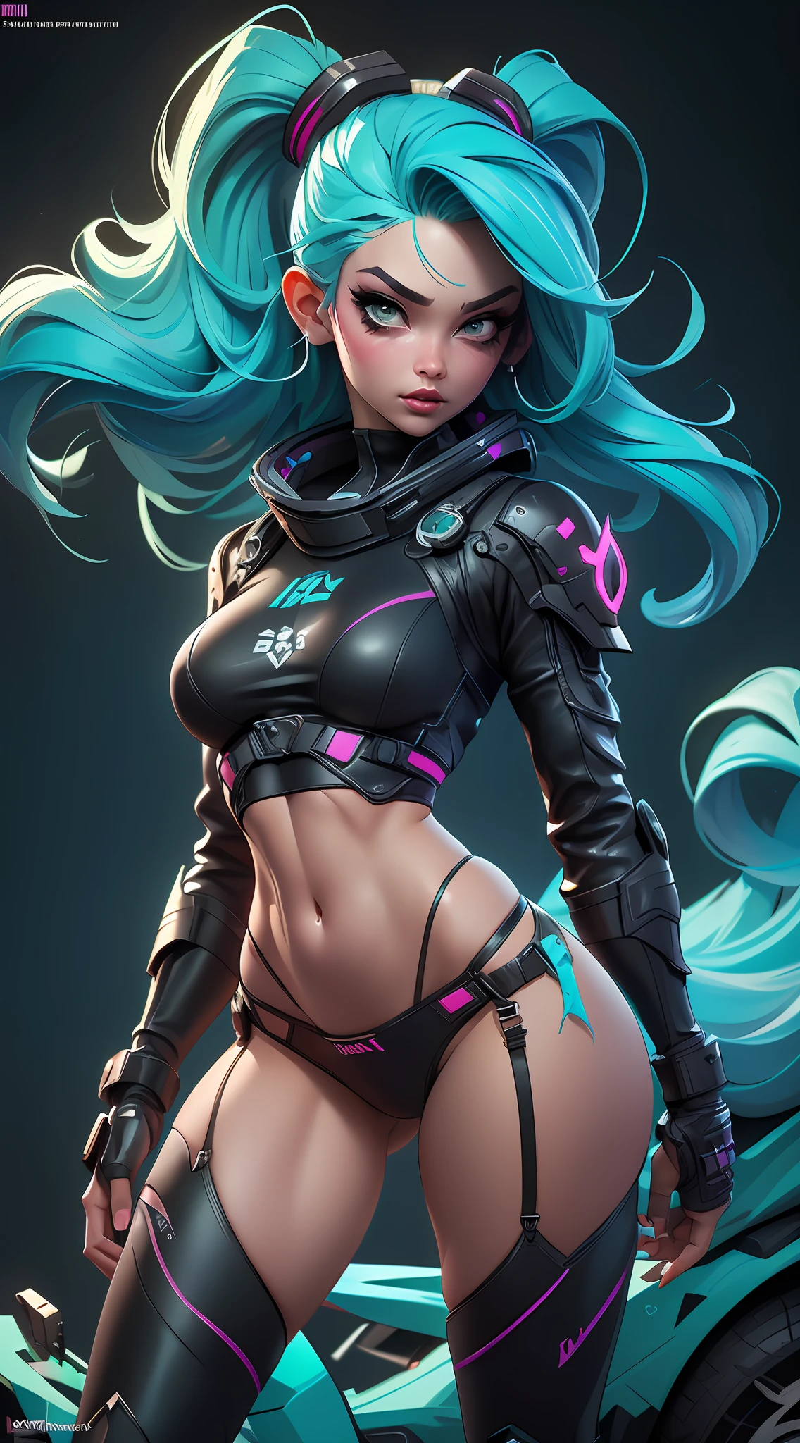 ((Best Quality)), ((Masterpiece)), ((Realistic)) and ultra-detailed photography of a 1nerdy girl with goth and neon colors. She has ((turquoise hair)), wears a (tech-wear top) and a (small skimpy black g string thong camel-toe) , ((beautiful and aesthetic)), muscular abs, sexy, under-boobs, hot (by Thomas Benjamin Kennington), ( by Pixelsketcher), (by Bayard Wu)