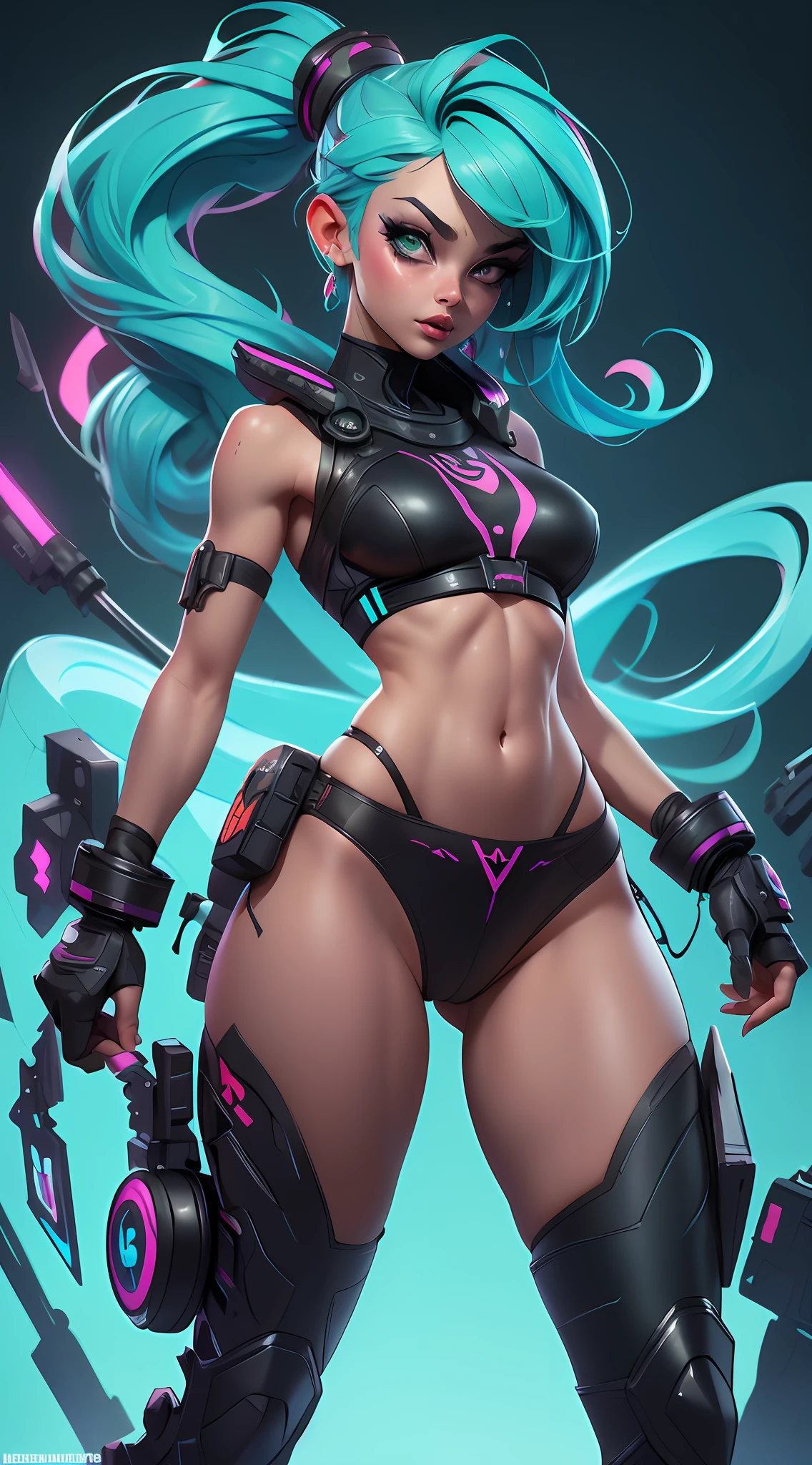 ((Best Quality)), ((Masterpiece)), ((Realistic)) and ultra-detailed photography of a 1nerdy girl with goth and neon colors. She has ((turquoise hair)), wears a (tech-wear top) and a (small skimpy black g string thong camel-toe) , ((beautiful and aesthetic)), muscular abs, sexy, under-boobs, hot (by Thomas Benjamin Kennington), ( by Pixelsketcher), (by Bayard Wu)