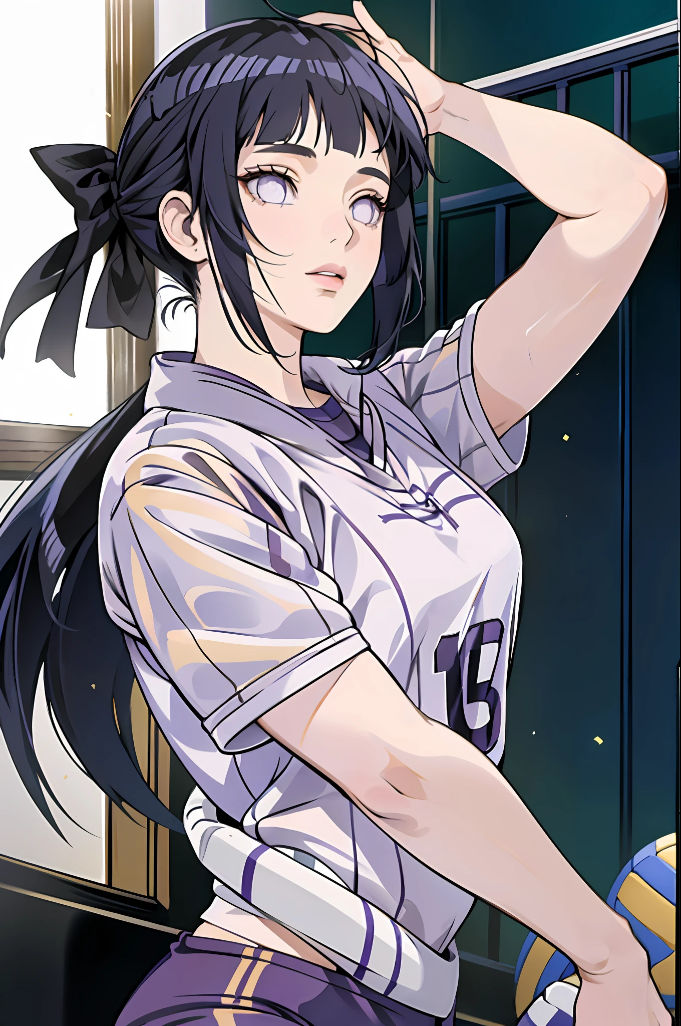 masterpiece, (ultra-detailed), 8K, ultra high res, (1girl), finely detailed beautiful eyes, dark blue hair, small breasts, purple eyes, light on face, light on body, solo, ((masterpiece)), sunshine light, stadium, (((volleyball))), (((volleyball player outfit))), (playing volleyball), hinata/(boruto/) , blunt bangs, ponytail, from front