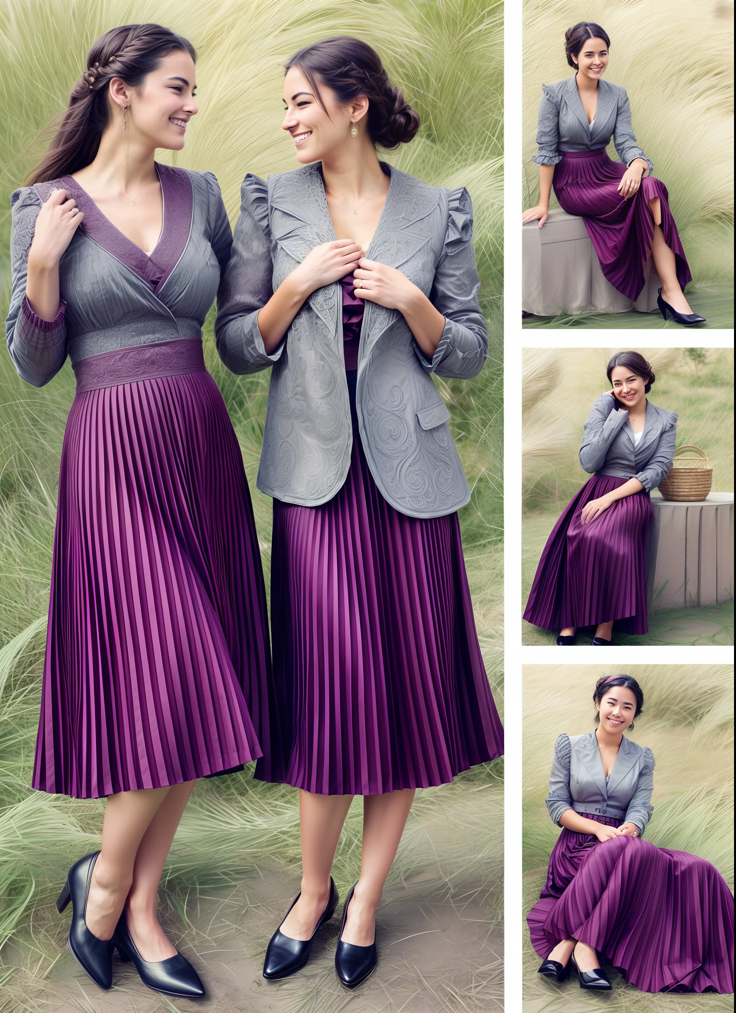 35mm f1.4 Kodak portra 400 photograph, extremely high quality RAW photograph, a lot of therapists are going to kiss you and love you and breastfeed you while wearing long skirts, (shy) authentic (kind and tender) lesbian women wearing short blazers with a very very detailed (long (fully pleated) full circle skirts) and (simple) low heeled office shoes, very very intricate hyper-detailed symmetric (attractive graceful young feminine faces) with (sad, tired) eyes and a (flirty smiles:1.5), full of empathy and compassion and love, (pronounced feminine features:1,3), big boobs, large breasts, (highly detailed ultra accurate realistic) hands and fingers, ((windy conditions and wind blowing)), epic composition, highly detailed attributes, highly detailed atmosphere, detailed background, intricate, Exquisite details and textures, highly detailed,