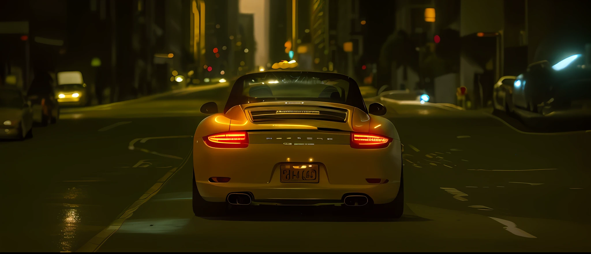 arafed view of a car driving down a city street at night, car photography, perfect cinematic light, backlighted, porche, cinematic back lit lighting, porsche 911, porsche 9 1 1, kodakchrome : : 8 k, cinematic 4k wallpaper, cinematic 4 k wallpaper, red and cinematic lighting, cinematic backlighting, auto photography, cinematic photo