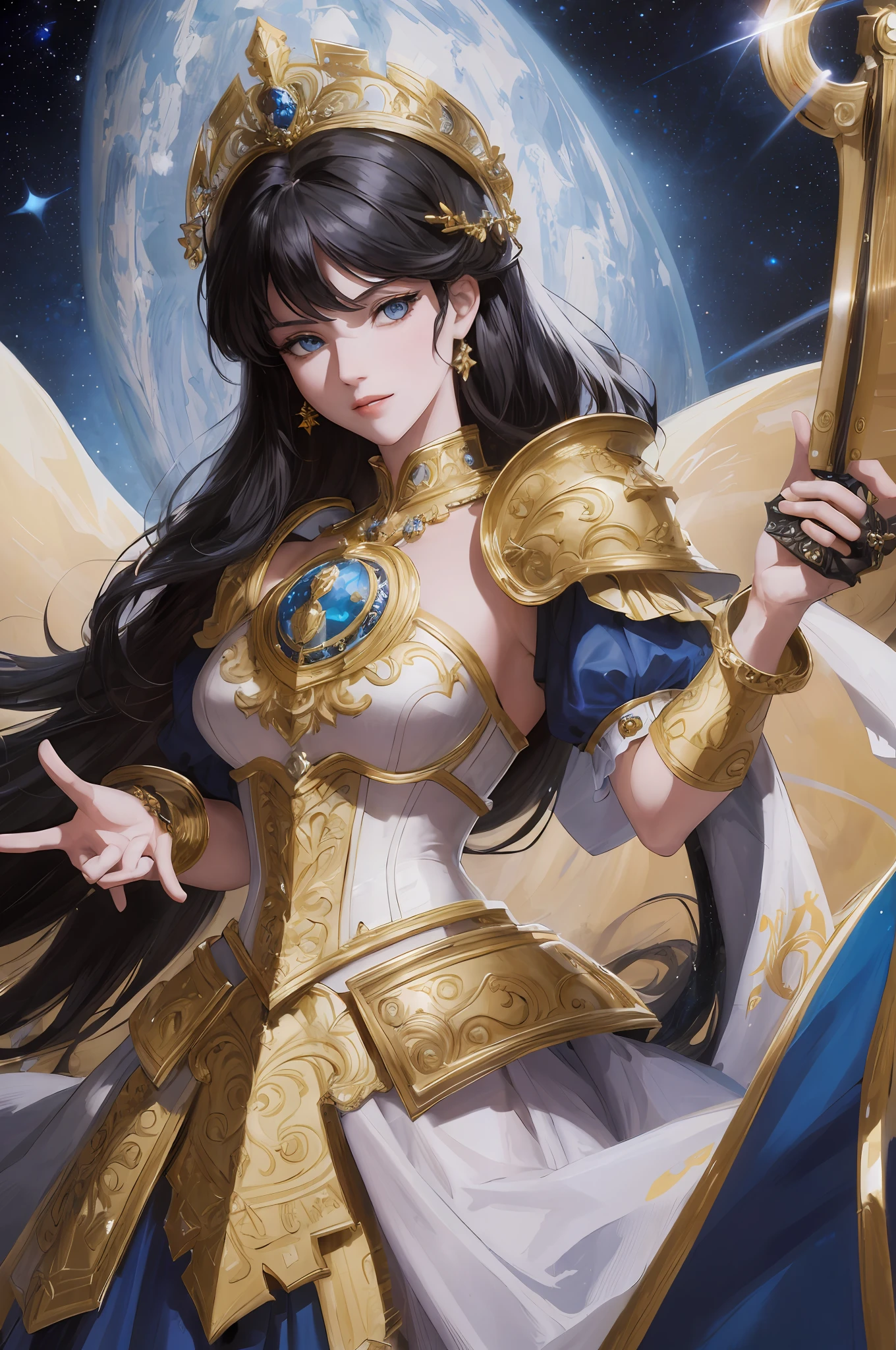 ((masterpiece)), ((best quality)), ((ultra detailed)), illustration, a woman with black hair and blue eyes dressed in golden armor, short white skirt royal style, palace, white skirts, with jewel crown, with a golden armor corset with jewel bracelet, golden boots, with a weapon, on the back a universe, a galaxy, stars, sky, fantasy