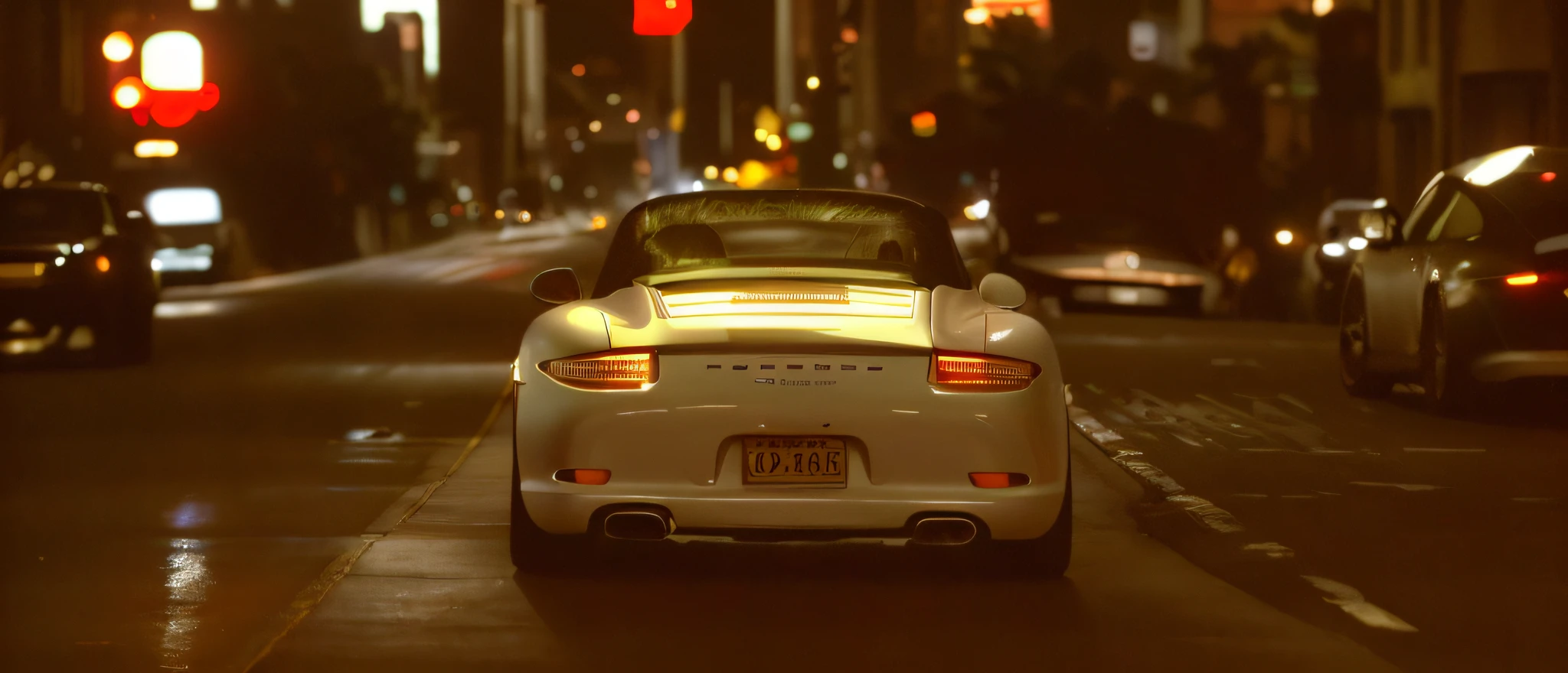 arafed view of a car driving down a city street at night, car photography, perfect cinematic light, backlighted, porche, cinematic back lit lighting, porsche 911, porsche 9 1 1, kodakchrome : : 8 k, cinematic 4k wallpaper, cinematic 4 k wallpaper, red and cinematic lighting, cinematic backlighting, auto photography, cinematic photo