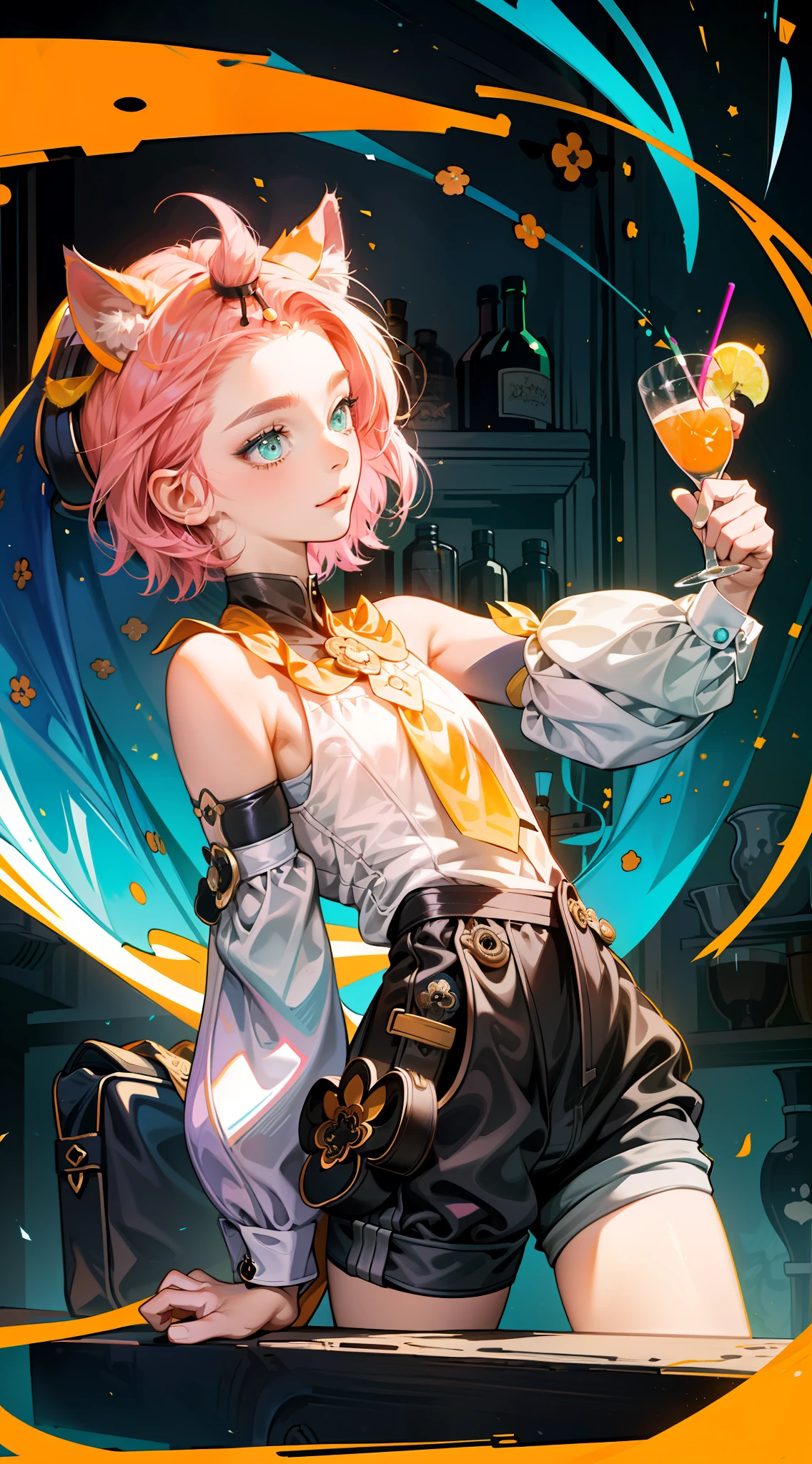 (flat color:0.9),(colorful:1.1),(masterpiece:1,2), best quality, masterpiece, highres, original, extremely detailed wallpaper,1girl,solo,cat Girl, short pink hair with cat ears, teal eyes, white sleeveless top, separate sleeves, black shorts, side bag in a shape of cat paw, yellow tie, making a cocktail, inside the bar cafe