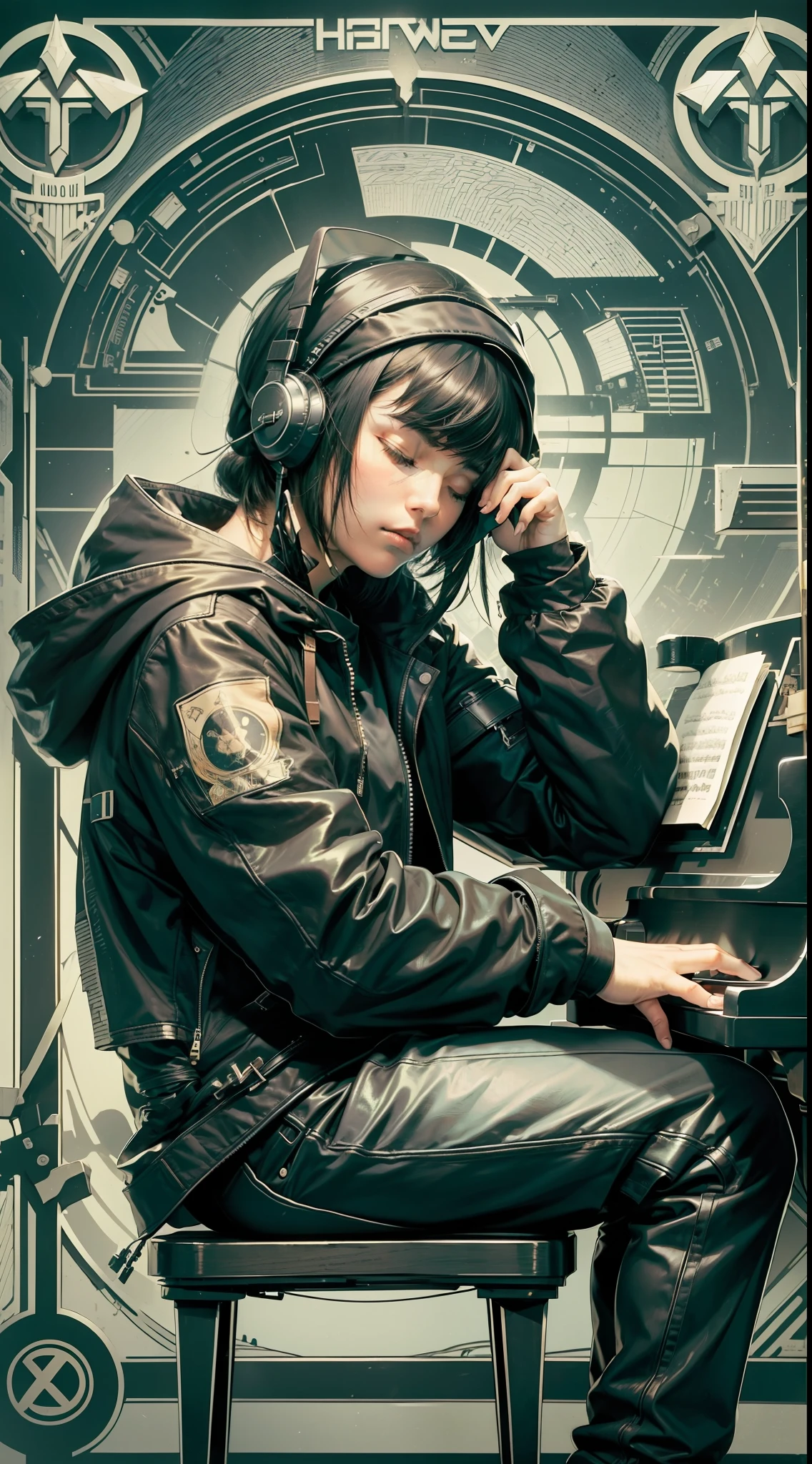 Hacker with hood on head,playing piano,medium black hair with bangs,fat body,expression of boredom,sad expression,eyes closed,headset on head,black leather jacket,sitting on a piano,grand piano,hand drawing,illustration,art nouveau,tarot cards