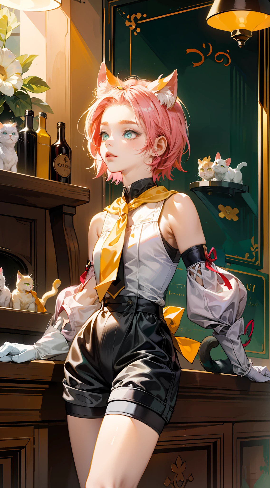 (flat color:0.9),(colorful:1.1),(masterpiece:1,2), best quality, masterpiece, highres, original, extremely detailed wallpaper,1girl,solo,cat Girl, short pink hair with cat ears, teal eyes, white sleeveless top, separate sleeves, black shorts,  yellow tie, jumping, inside the bar cafe