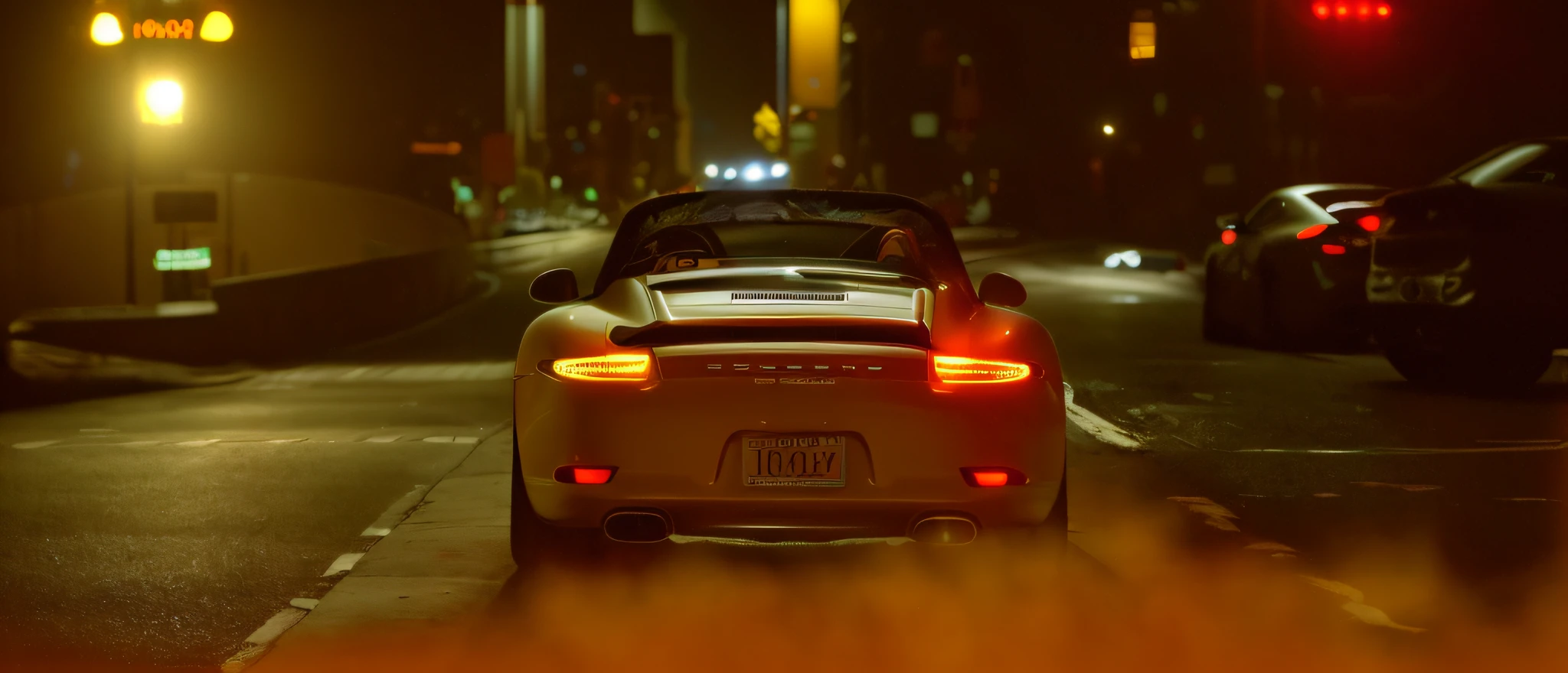 arafed view of a car driving down a city street at night, car photography, perfect cinematic light, backlighted, porche, cinematic back lit lighting, porsche 911, porsche 9 1 1, kodakchrome : : 8 k, cinematic 4k wallpaper, cinematic 4 k wallpaper, red and cinematic lighting, cinematic backlighting, auto photography, cinematic photo