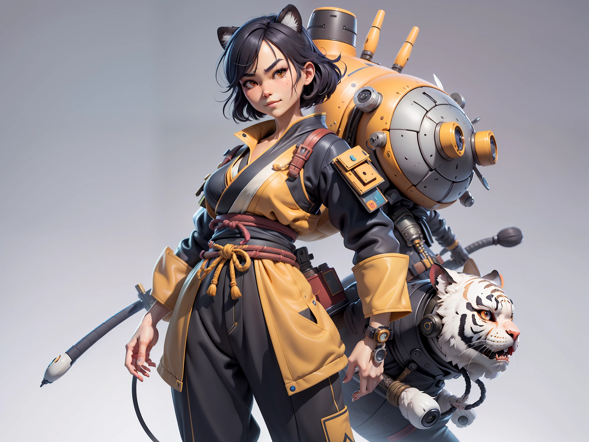 (Masterpiece), (Extreme Quality), (Super Meticulous), (Full Body: 1.2), Super Young Woman, Japanese Female Samurai Beautiful, Tiger, Sexy, Bursting, Oriental Face, TV Anchor, Bust Portrait Illustration, Alone, Black Suit, Blue Tie, Slightly Chubby Face, Very Clean Face, No Beard, Black Super Short Hair, Black Eyes, Confident Smile, 3c Computer Sub-Products, iPad, iPhone, Digital Painting, 3D Character Design by Mark Clairedon and Pixar and Hayao Miyazaki, The illustration is a high-definition illustration in 4K resolution with very detailed facial features and cartoon-style visuals.