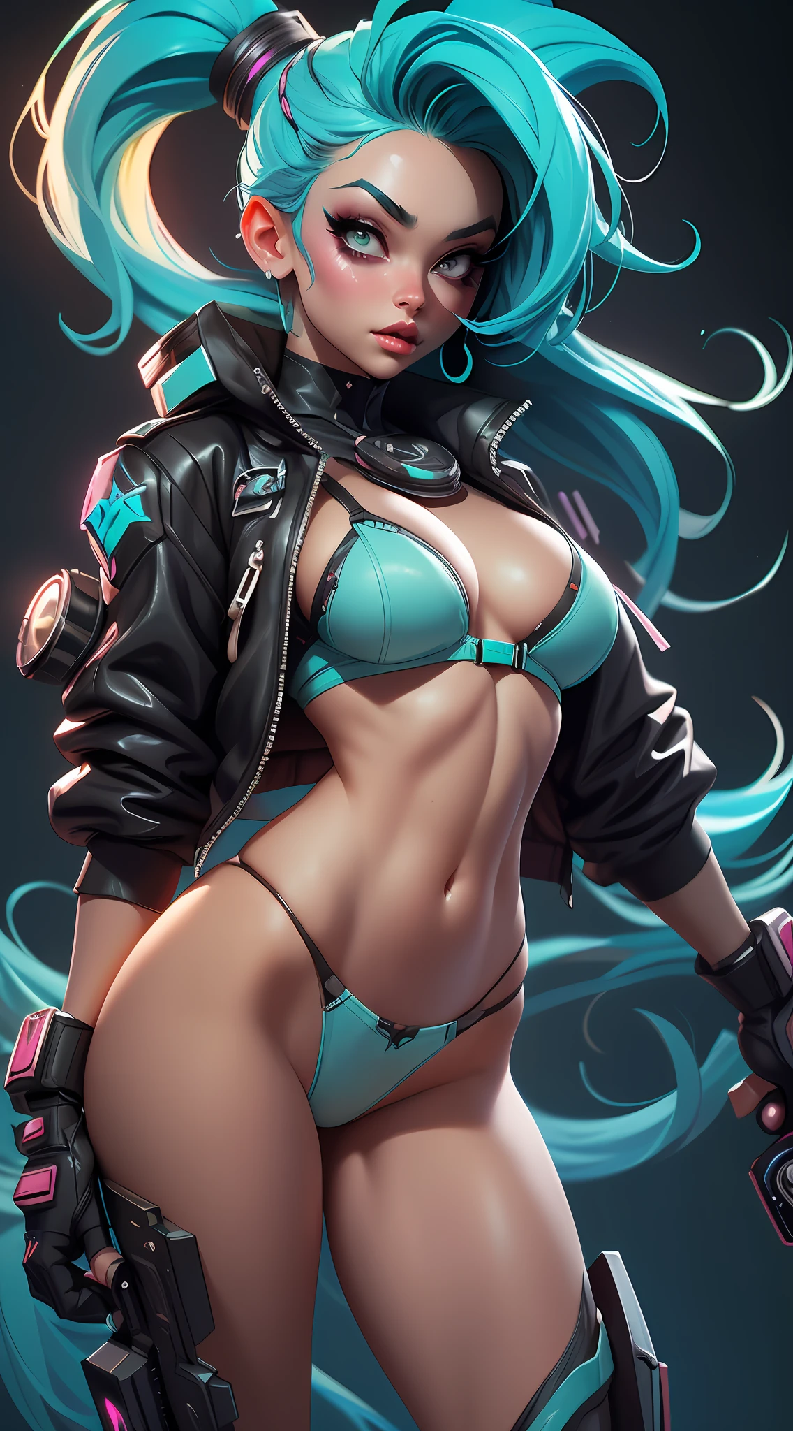 ((Best Quality)), ((Masterpiece)), ((Realistic)) and ultra-detailed photography of a 1nerdy girl with goth and neon colors. She has ((turquoise hair)), wears a (tech-wear top) and a (small skimpy black g string thong camel-toe) , ((beautiful and aesthetic)), muscular abs, sexy, under-boobs, hot (by Thomas Benjamin Kennington), ( by Pixelsketcher), (by Bayard Wu)