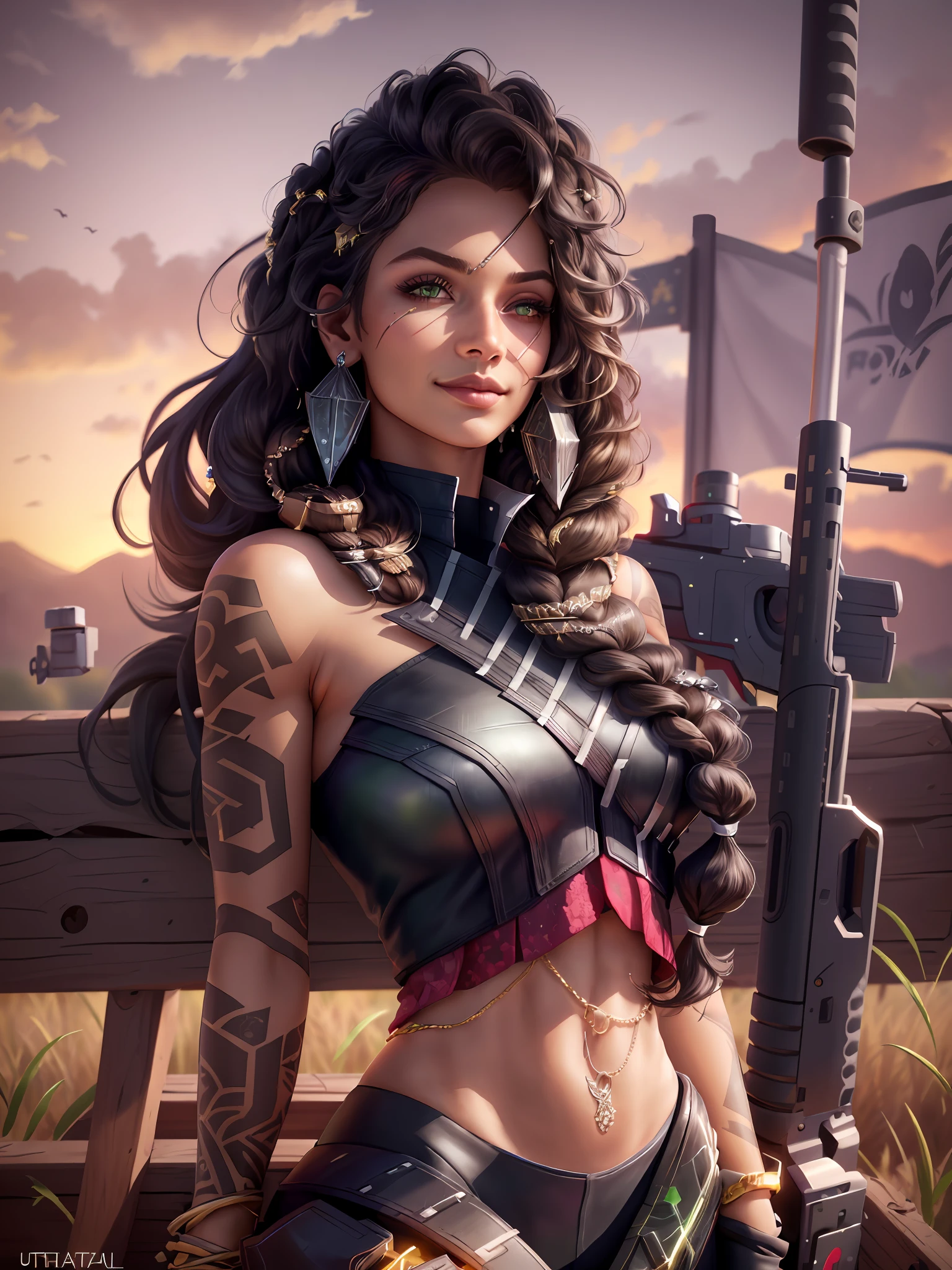 sky, field, grass, samira \(League of Legends\), League of Legends, 1girl, jewelry, tattoo, eye patch, earrings, green eyes, braid, long hair, dark skin, gloves, armor, navel, bracelet, lips, hair over shoulder, smile, looking at viewer, arm tattoo, masterpiece, best quality, 4k resolution, outdoor, official, photograph, portrait, side, (realistic, ultrarealism, photorealism:1.4),  Detailed background, dark background, detailed face, detailed eyes, looking at viewer, sunset, soft lighting, gun in hand, pistol in hand pointing at viewer