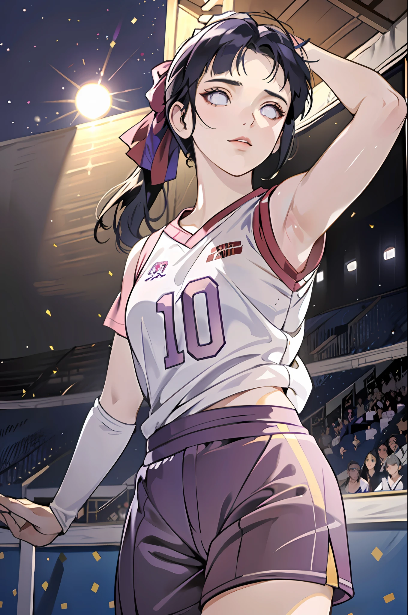 masterpiece, (ultra-detailed), 8K, ultra high res, (1girl), finely detailed beautiful eyes, dark blue hair, small breasts, purple eyes, light on face, light on body, solo, ((masterpiece)), sunshine light, stadium, (((volleyball))), (((volleyball player outfit))), (playing volleyball), hinata/(boruto/) , blunt bangs, ponytail, from front
