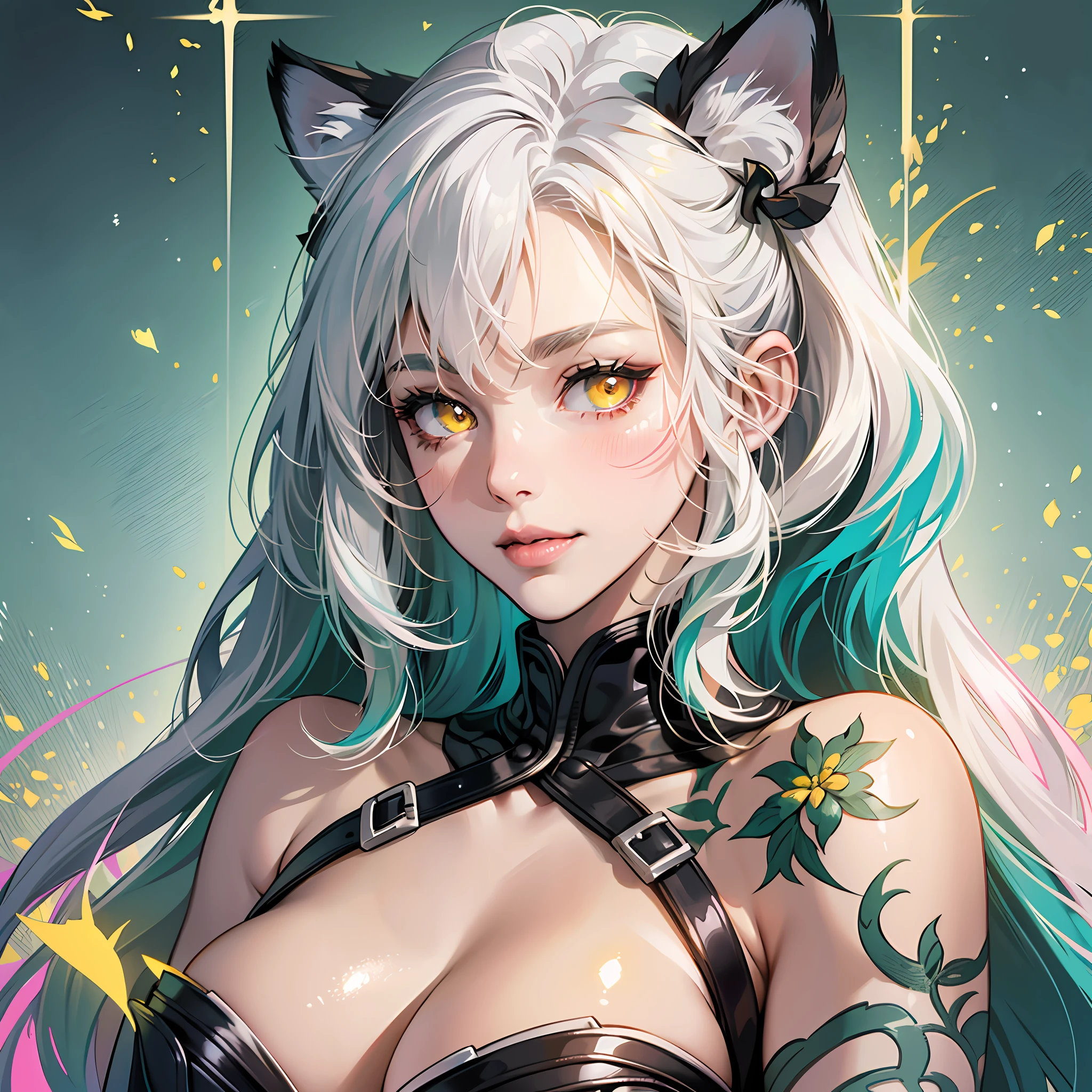 Anime woman, Cheekbones, detailed lips, blushing cheeks, shoulder length hair, ((white hair)), (tealgreen hair highlights), 25 years old, button nose, glossy lips, pink lipstick, ((glowing yellow eyes)), round cheeks, D-cup breasts, full lips, sweet smile, detailed eyes, masterpiece, tall, graceful, strong arms, broad shouldered, white Tiger girl, black stripe tattoos, cat eyes, anthropomorphic tiger --auto --s2