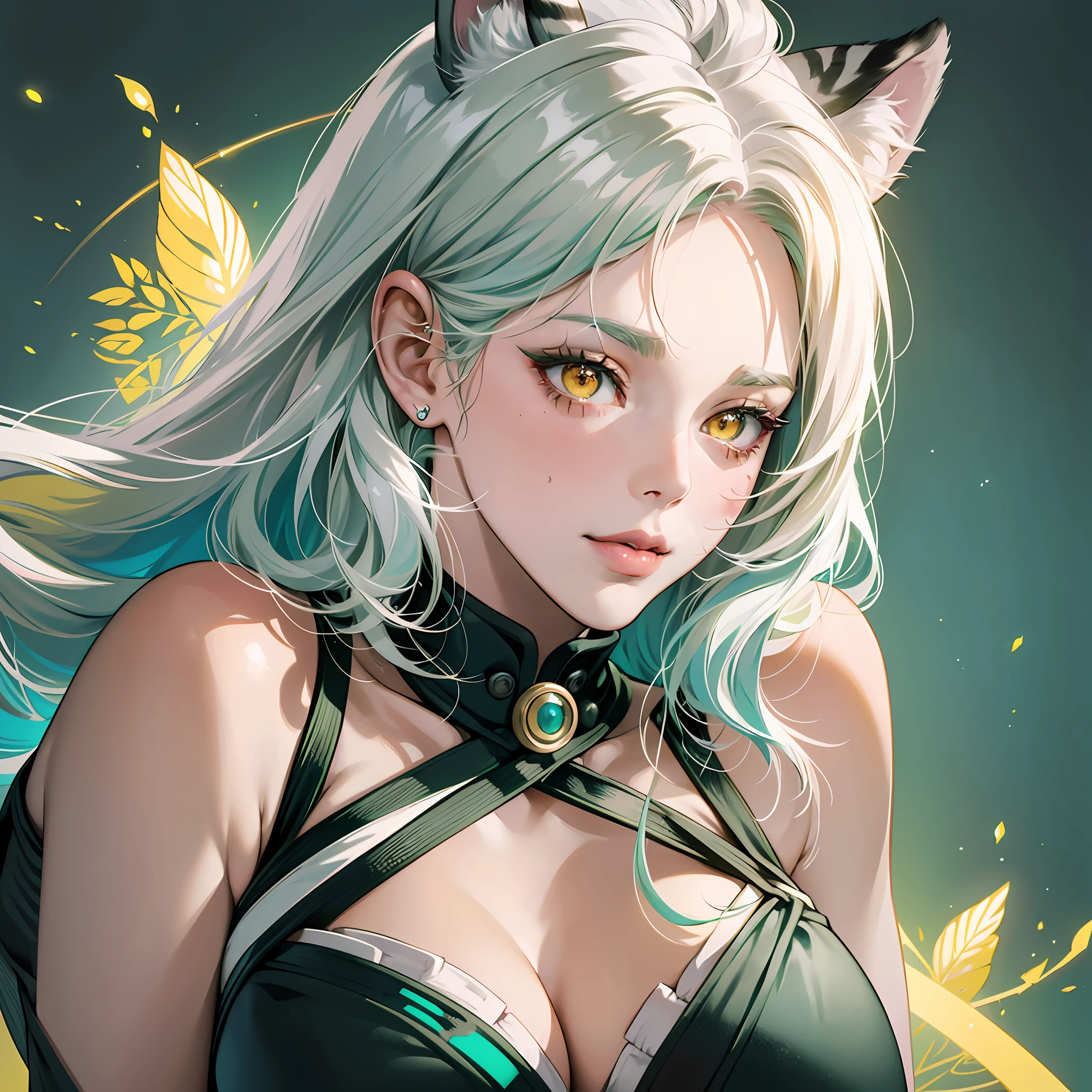 Anime woman, Cheekbones, detailed lips, blushing cheeks, shoulder length hair, ((white hair)), (tealgreen hair highlights), 25 years old, button nose, glossy lips, pink lipstick, ((glowing yellow eyes)), round cheeks, D-cup breasts, full lips, sweet smile, detailed eyes, masterpiece, tall, graceful, strong arms, broad shouldered, white Tiger girl, black stripe tattoos, cat eyes, anthropomorphic tiger --auto --s2