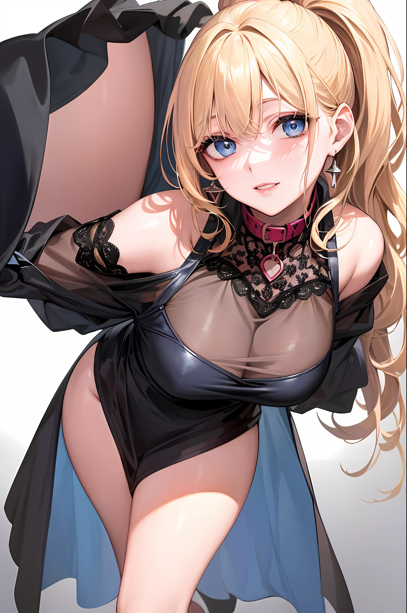 SLE, mksks-style, Top quality, Masterpiece, Detailed background, Very detailed, Complex and detailed face, Long eyelashes, Detailed eyes, (Adult female, standing: 1.1), (High ponytail: 1.3), (Thighs thick: 1.0), (Big: 1.3), (White background: 1.3),
(Solo: 1.3), (Blue eyes: 1.3), (Blonde and black mesh: 1.2), (disheveled hair: 1.1), (Red collar: 1.2), (Thick lips, pink lips: 1.3), (Pink eyeshadow: 1.2), (Moisturized eyes), (Rope all over body: 1.3), Open legs, best smile, cheeks dyed red, full body