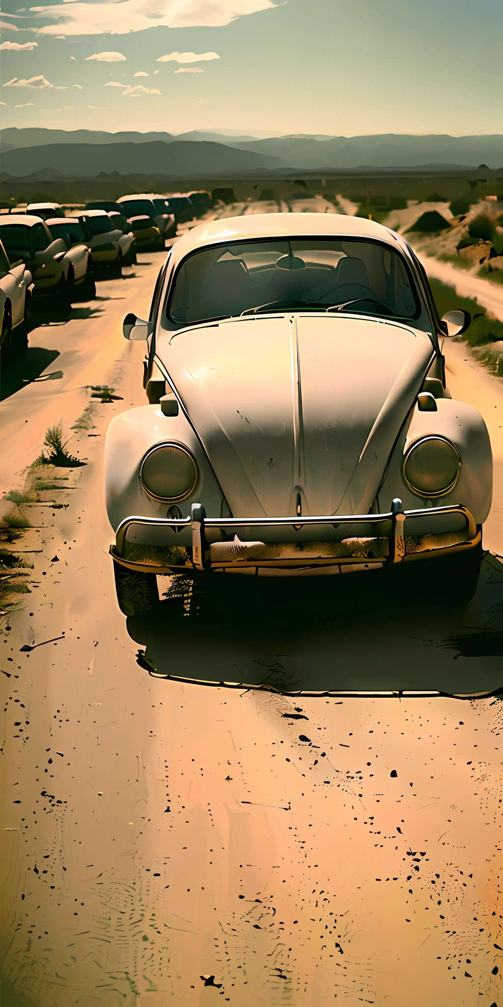 analog gloomy photo of a red Volkswagen Beetle car, ((three quarter view)), (dark sunset), driving on a dirt road, (dilapidated town), 1969, ((horror movie)), slasher film, texas chainsaw massacre, film grain, retro, High Detail, Sharp focus, ((photorealism)), realistic, best quality, 8k, award winning, dramatic lighting, epic, cinematic, masterpiece