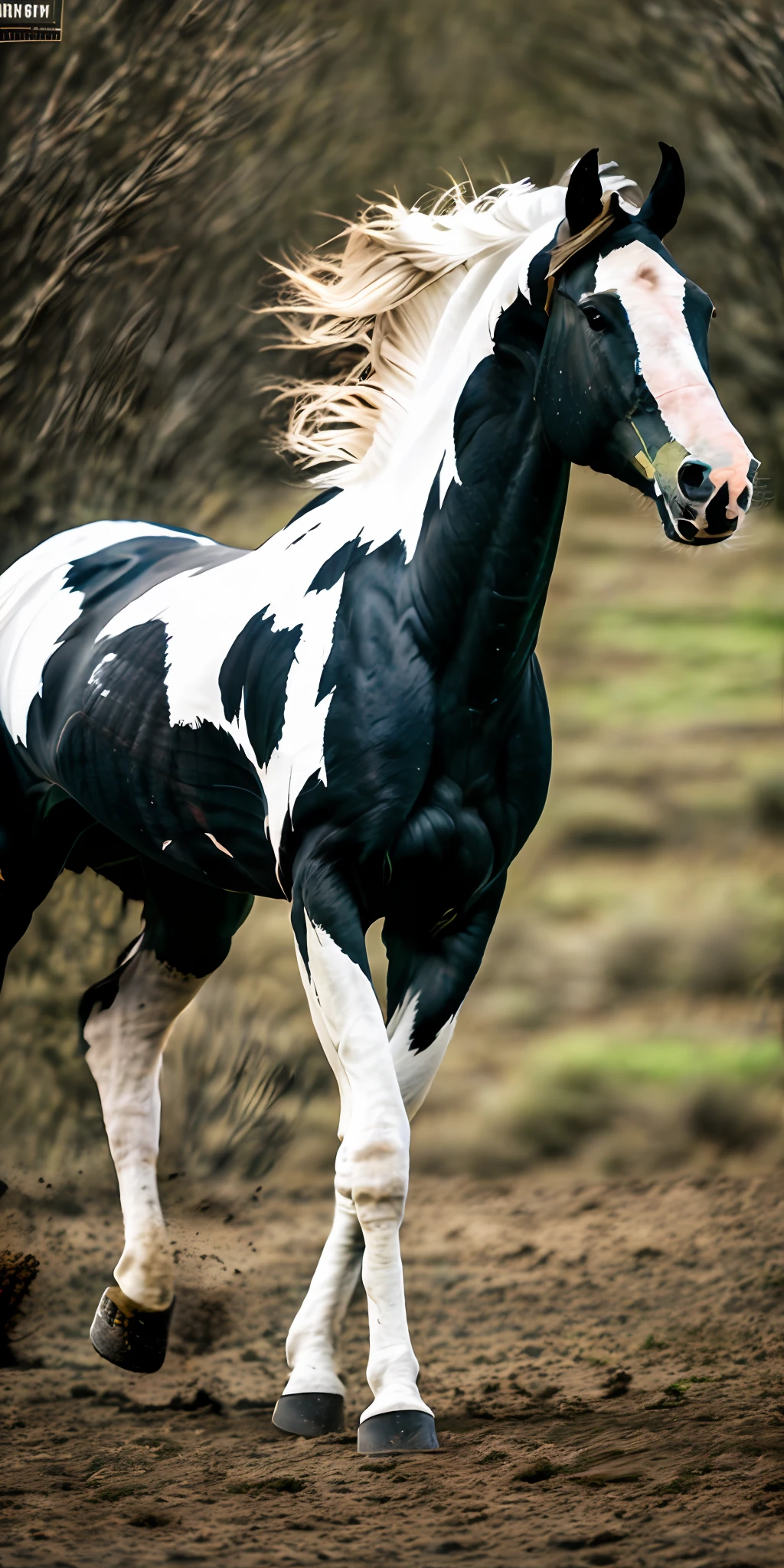 RAW photo, running paint horse EdobHorse view from side, 8k uhd, dslr, soft lighting, high quality, film grain, Fujifilm XT3,