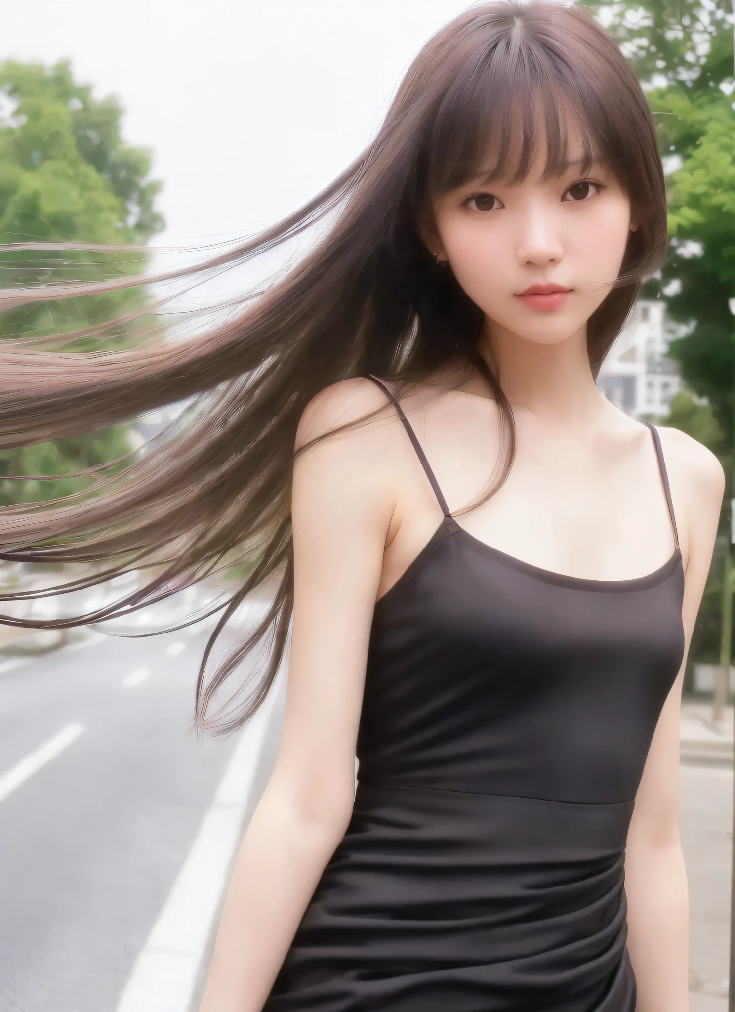 (8K, RAW Photos, Best Quality, Masterpiece: 1.2), (Realistic, Photorealistic: 1.37), Best Quality, Ultra High Resolution, Photon Mapping, Radiosity, Physically Based Rendering, Blur, Foreground, Depth of Field, (Small Face), ((9 heads)), Blurry Background, Photo_\(Medium), Motion Blur, Girl, (((Upper Body)), Small, Long Legs, Thin Legs, Long hair, bangs, (bangs visible), hair_ornament, lips, hair clip, hair design arrangement, solo, brown_eyes, nosesoft, sheer camisole, mini dress with complex design, camera angle from below, street tree sidewalk, walking, small handbag in black or white, ((windy)), (raining)