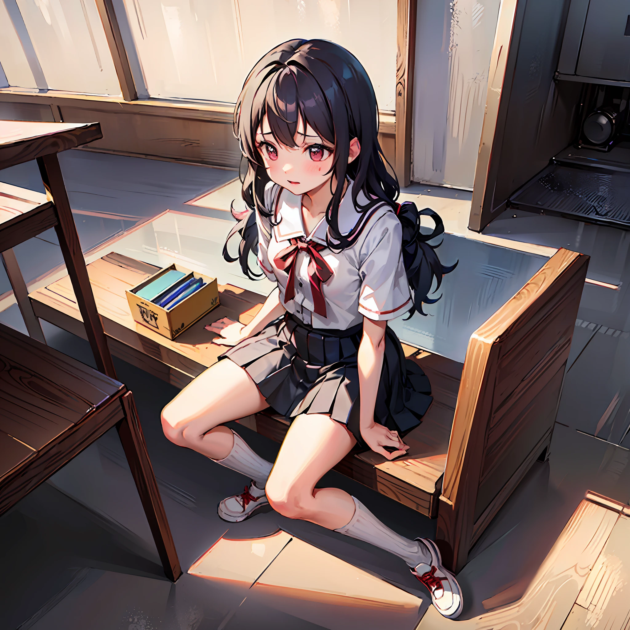 One girl, 17-year-old schoolgirl in a Japan sailor suit, black hair, petite, closed eyes, black hair long hair (((((School uniform)))), ((Masterpiece, highest quality, highest quality, official art, beautiful and aesthetic: 1.2), extreme detail, colorful, supreme detail ((ultra-detailed)), (very detailed CG illustration), ((very delicate and beautiful)), cinematic light, devastated city, prayer, looking up at the heavens