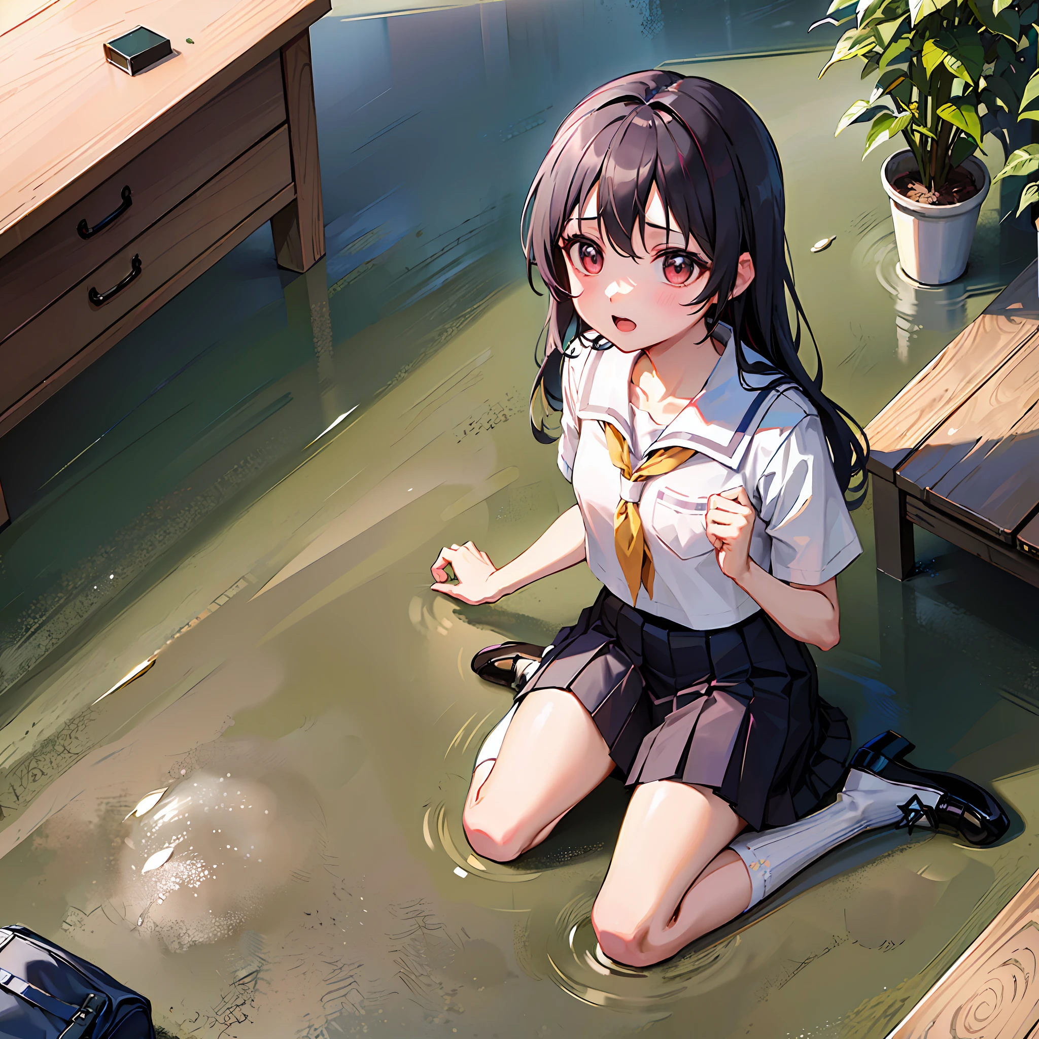 One girl, 17-year-old schoolgirl in a Japan sailor suit, black hair, petite, closed eyes, black hair long hair (((((School uniform)))), ((Masterpiece, highest quality, highest quality, official art, beautiful and aesthetic: 1.2), extreme detail, colorful, supreme detail ((ultra-detailed)), (very detailed CG illustration), ((very delicate and beautiful)), cinematic light, devastated city, prayer, looking up at the heavens