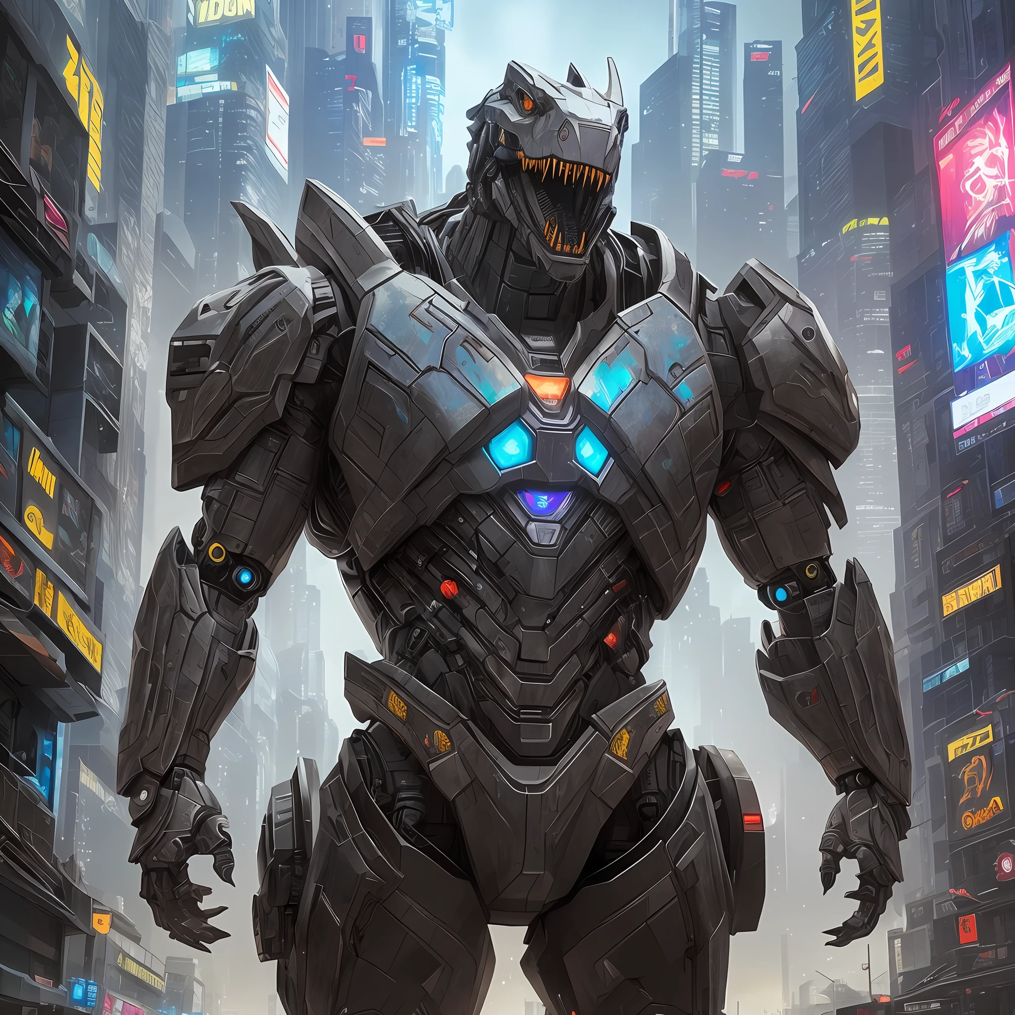 A robotic dinosaur, cyberpunk style, artwork, masterpiece, realistic 8k, inspired by transformers --auto --s2