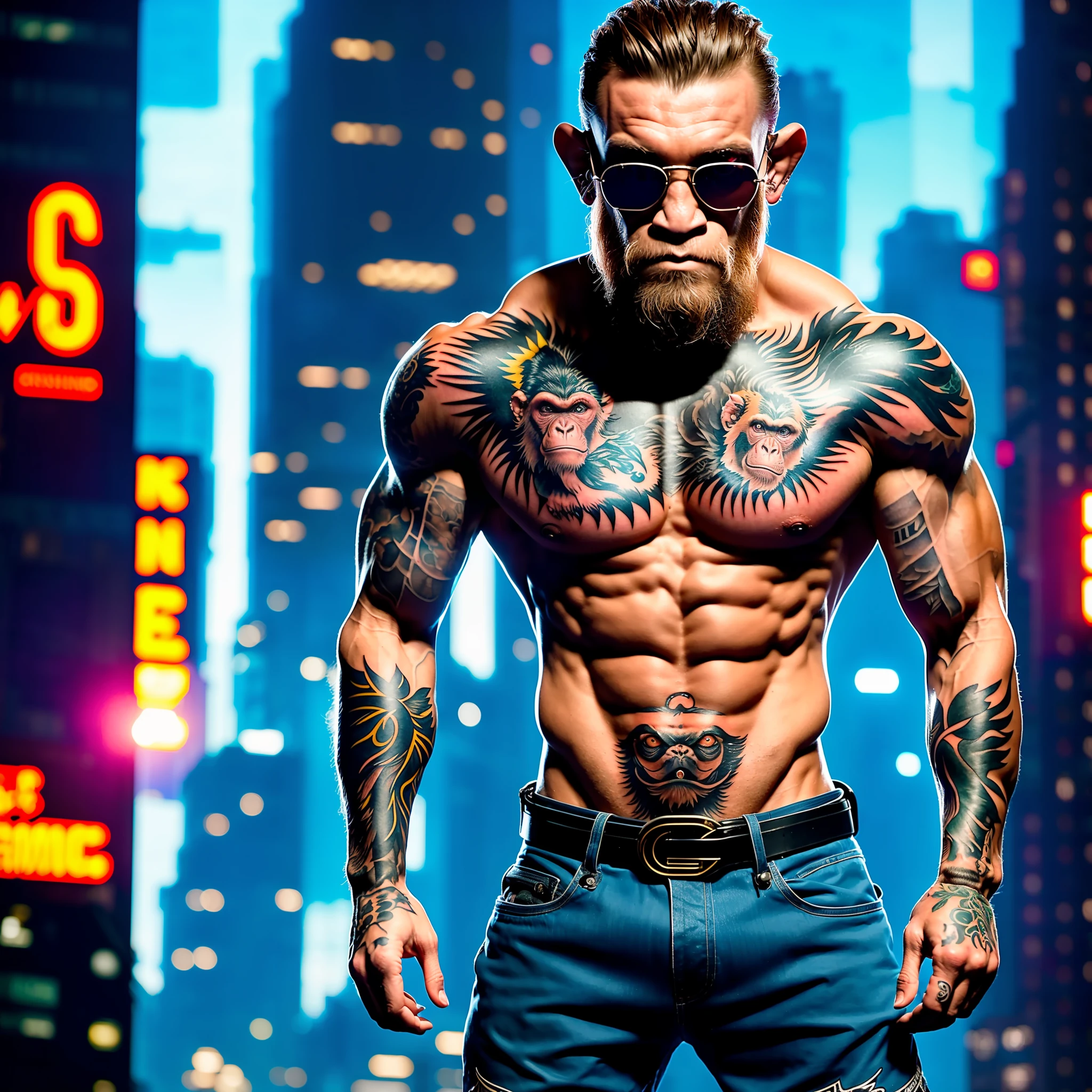 ((best quality)),((ultratailed)), ((masterpiece)), illustration, Scene structure: Animal monkey personified as a gangster, with Connor McGregor's face and human body. He has a muscle build and tattoos on his body. He rides his motorcycle in the city, with tall buildings behind him and flashing neon lights. Immediate composition: Monkey-gangster, animal personification, riding motorcycle, tattooed body, muscle building, cityscape, tall buildings, neon Substance 3D lights, Octane rendering, (hdr: 1.3)