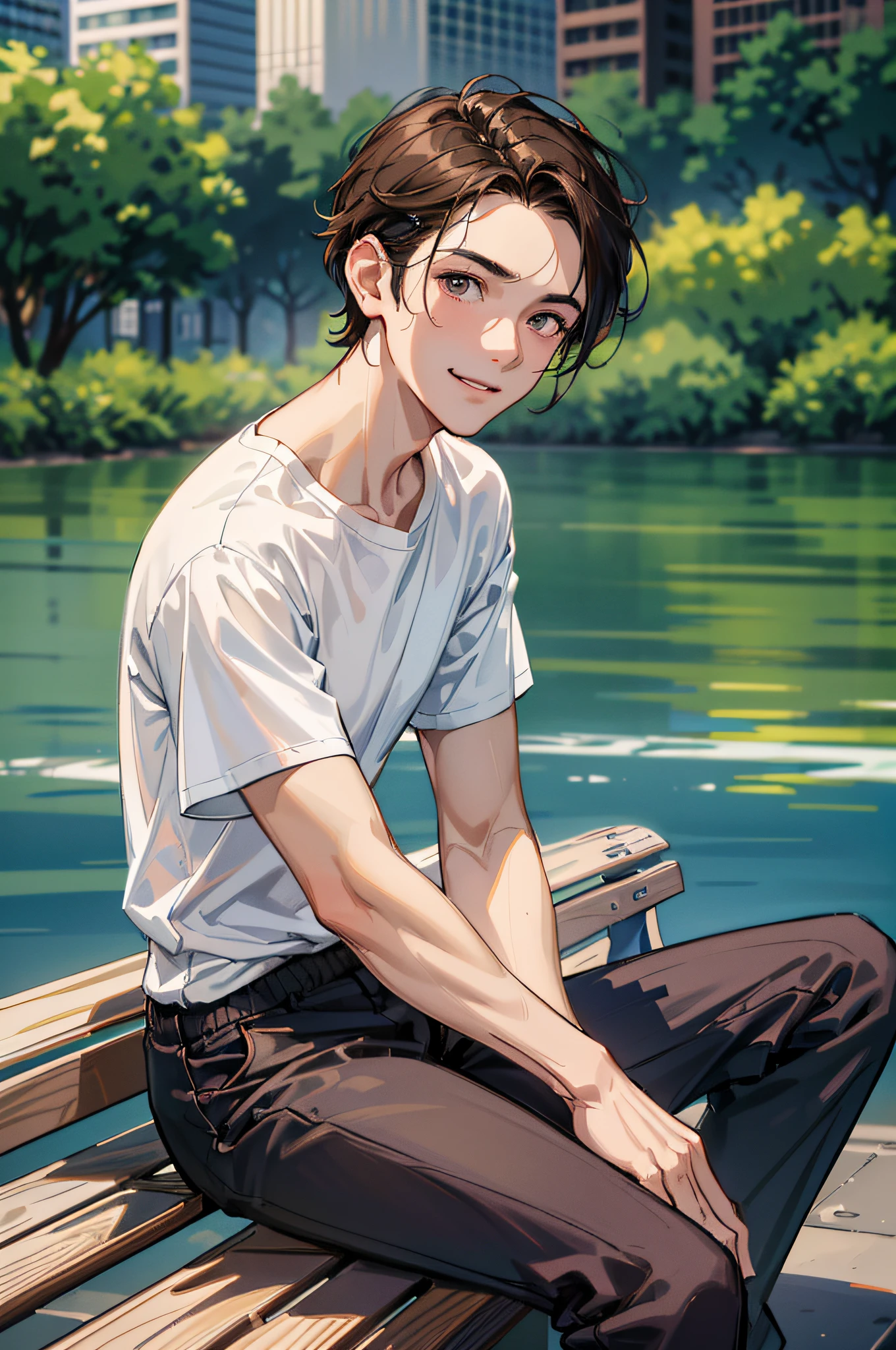 (absurdres, highres, ultra detailed, HDR), masterpiece, best quality, 1boy, solo, handsome, dark brown hair, finely eye and detailed face, forehead, ((loose white t-shirt)), sneaker, (pale and white skin), look at viewer, ear piecing, , smile, sitting on bench, park in background, full body view