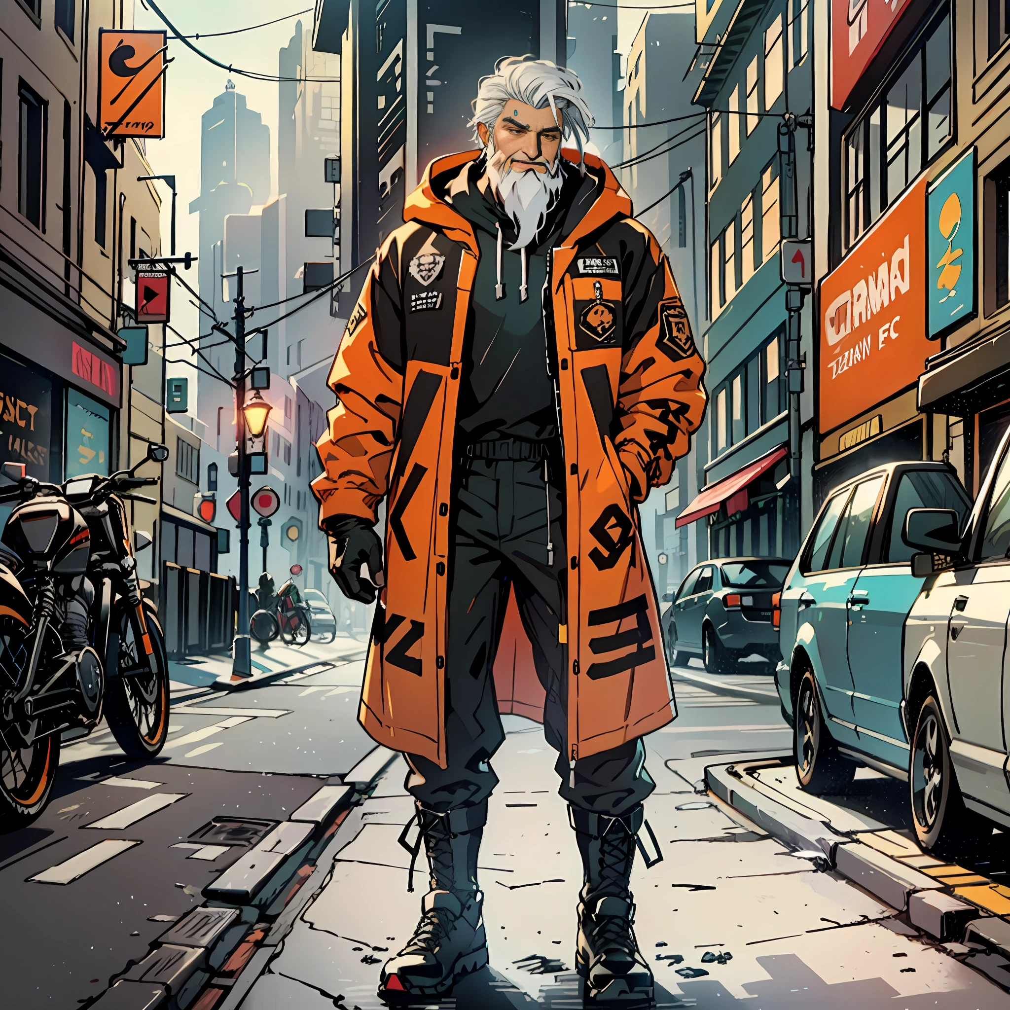 ((masterpiece)), (ultra detailed), a Man , full body, prisoner clothing, cold, layers of clothes, orange bulky clothes, black details, futuristic clothes, inspired by Adrienn Henczné Deáki, large pants, boots with hair, cold, orange clothing, hood, respiratory masks, goggles, hands tied, neck light ring, winter, high fashion, inspired by Olivia de Berardinis , artstation, conceptual art, soft, sharp focus, dramatic lighting, highly detailed art, cinematic, hyper realistic painting, , green light, reinhardt, old man, white hair, scar through eye, beard, detailed eyes and detailed face, beautiful, smile, casual clothes, soft light shirt, sunlight, city street, looking away,