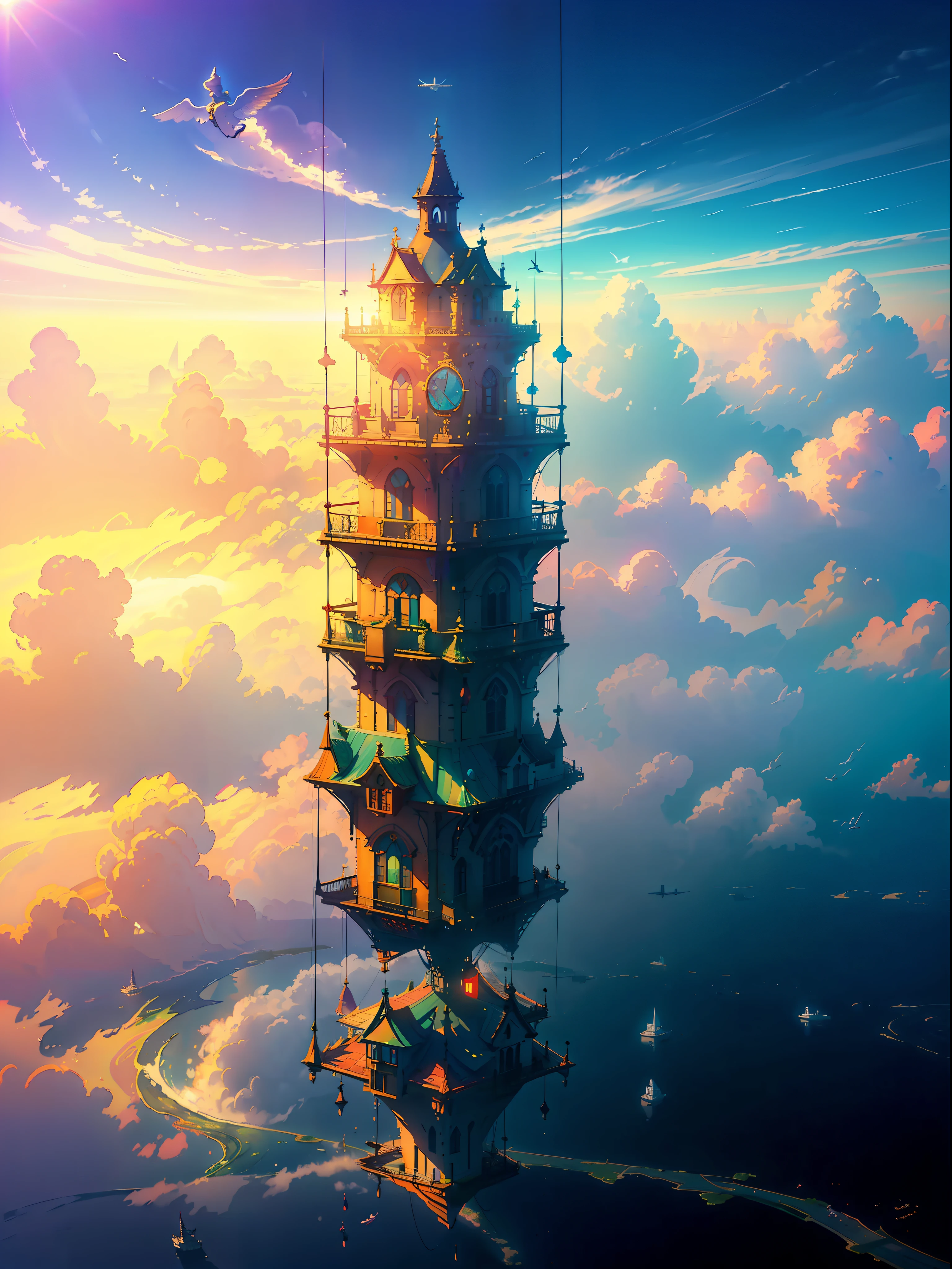 ((🎈 City in the Sky composed of flying angels)), quality of artwork, rendering of particles, ({vivid} high saturation), ({floating} suspended), ({water} water surface) scenes, under ({ sunlight}), ( 🌊 🌫️ { fog 🌈 ☀️ 🔮} fog) surrounded by extremely distant perspectives. --v6