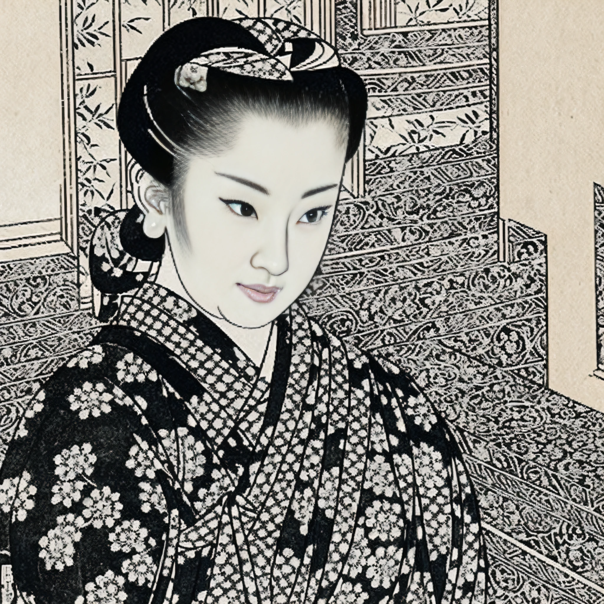 Ink woodblock print (black and white) of a 32-year-old woman wearing a yukata from the Edo period (elegant Japan) Windowsill Hands touching cheeks Do not use color