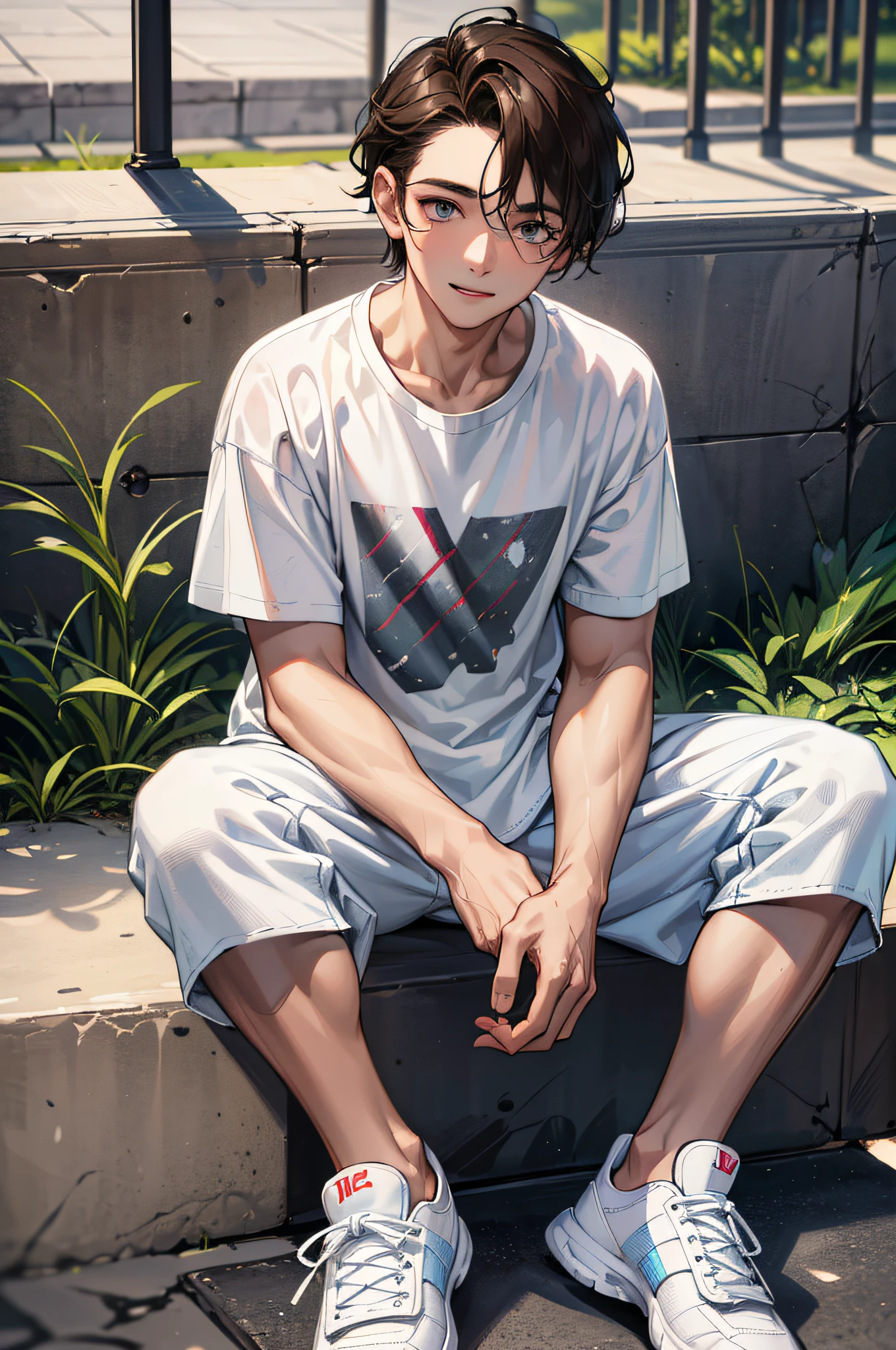 (absurdres, highres, ultra detailed, HDR), masterpiece, best quality, 1boy, solo, handsome, dark brown hair, finely eye and detailed face, forehead, ((loose white t-shirt)), sneaker, (pale and white skin), look at viewer, ear piecing, , smile, sitting on bench, park in background, full body view