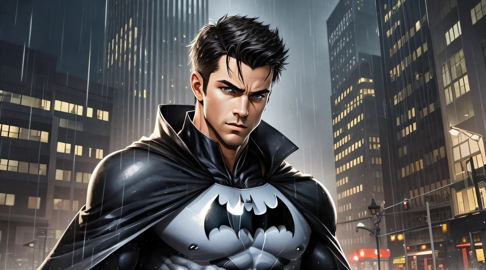 AS-Younger:1.5 1boy, dark scene, illustration (batman cowboy shot), athletic, white eyes, pupilless, night city, (mist), particles, light rain, male focus, muscular, muscular, tattered and torn male cape, night, outdoors, rain, serious, dark atmosphere, detailed background, ((empty hands)), award-winning, masterpiece, realistic:1.35,