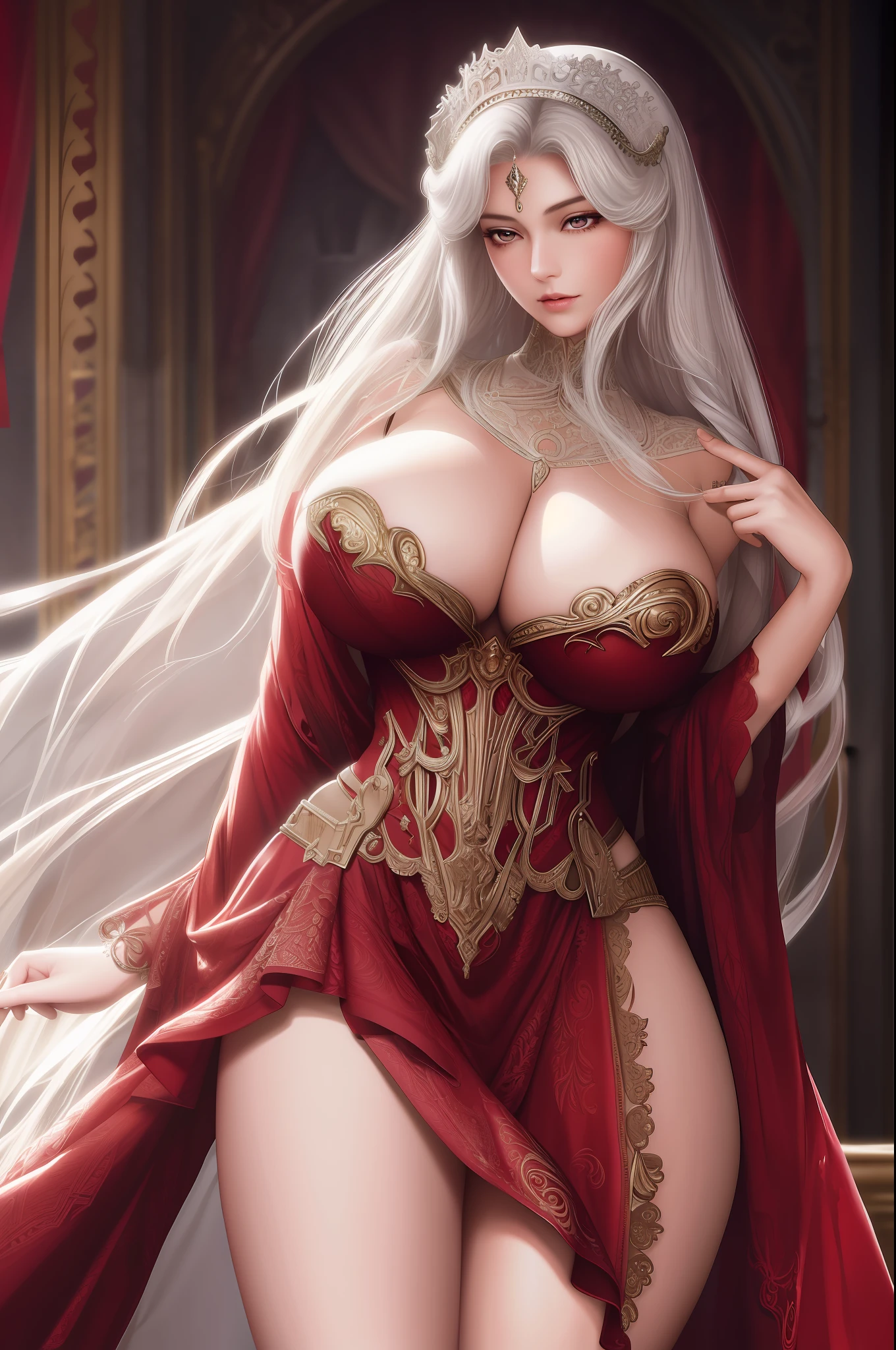 nsfw, {{masterpiece}},best quality, beautiful lighting, Intricate, High Detail, dramatic, depth of field,  film grain, artbook, incredibly_absurdres, 1girl, goddess, ((perfect female body, narrow waist)), white hair, red eyes, gorgeous queen, royal, divine, goddess, godlike, (royal palace), fantasy, dreamlike, unreal, science fiction, big breasts, breast out, beautiful clothes, lace, lace trim, lace-trimmed legwear,queen,rich,skinny, cowboy shot, large breasts, standing,WombTattoo,