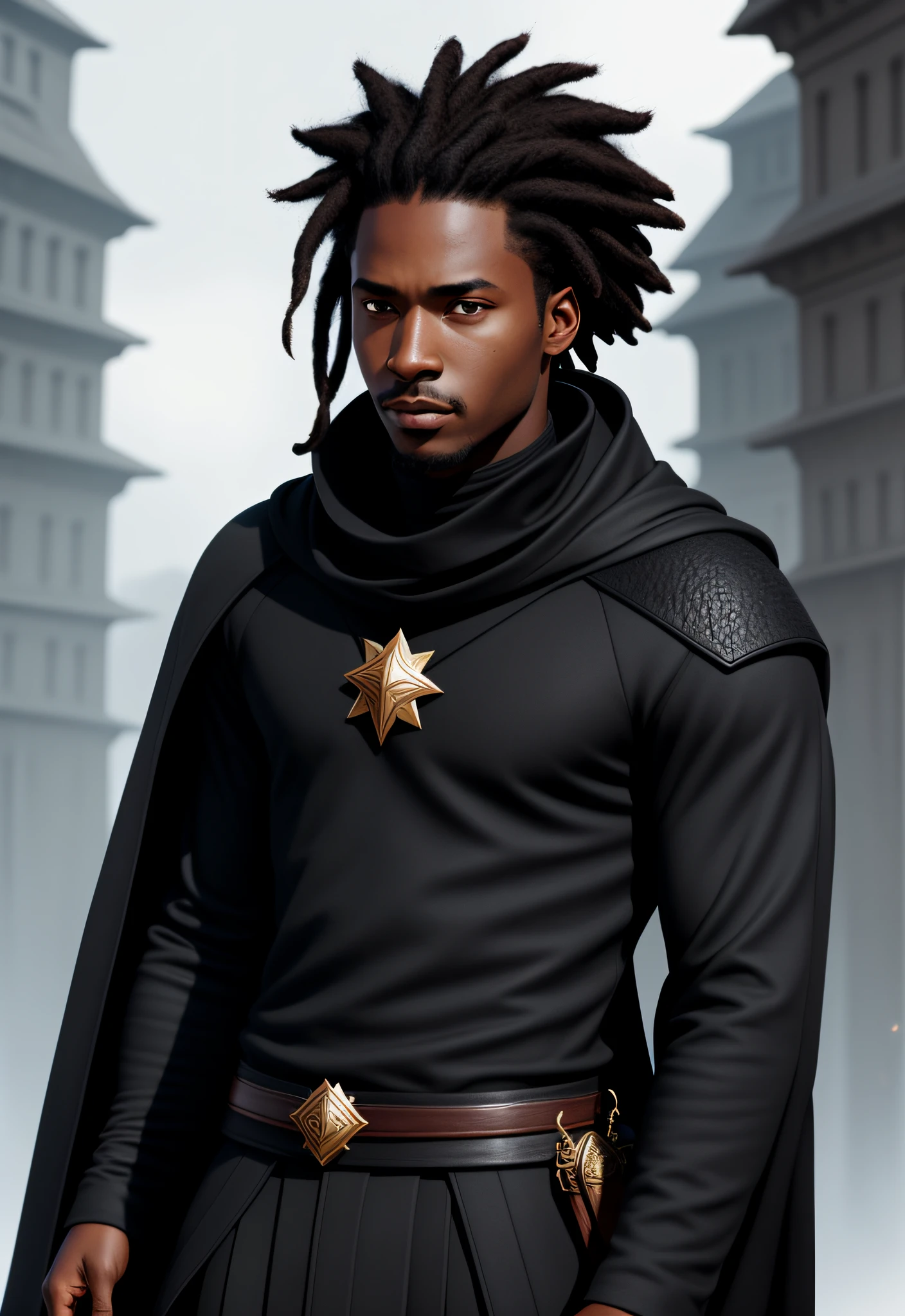 handsome black man, dread hair, no beard, Greg Rutkowski style, hair tied, mage, black skin, black clothing, turtleneck, wizard outfit
