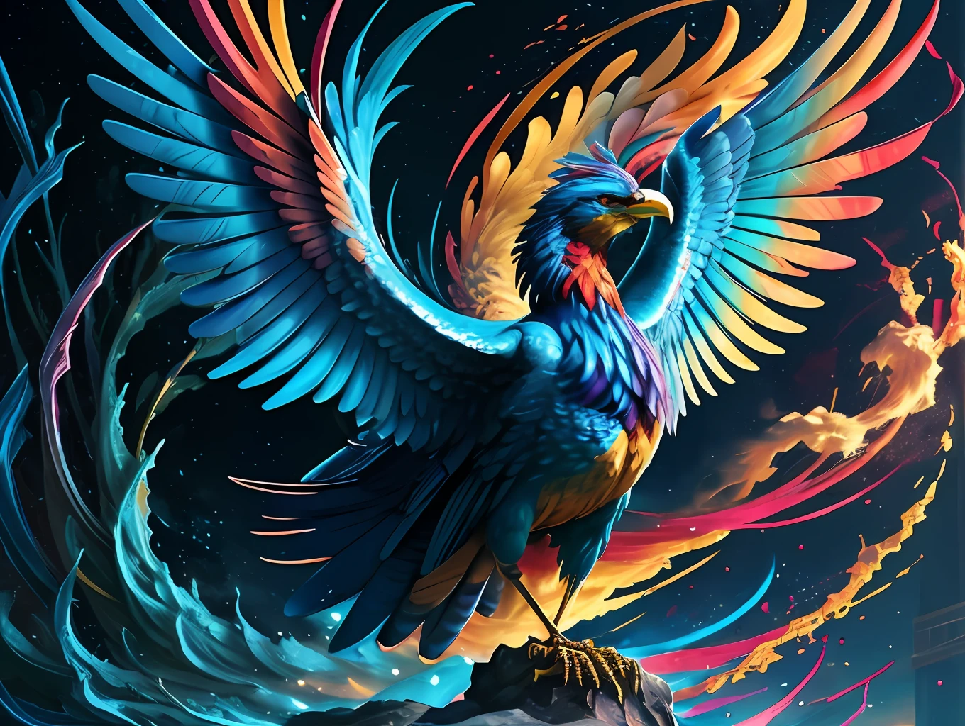 a phoenix, colorful,
yang08k, photography, beautiful, blue background,
masterpieces, top quality, best quality, official art, beautiful and aesthetic, realistic,