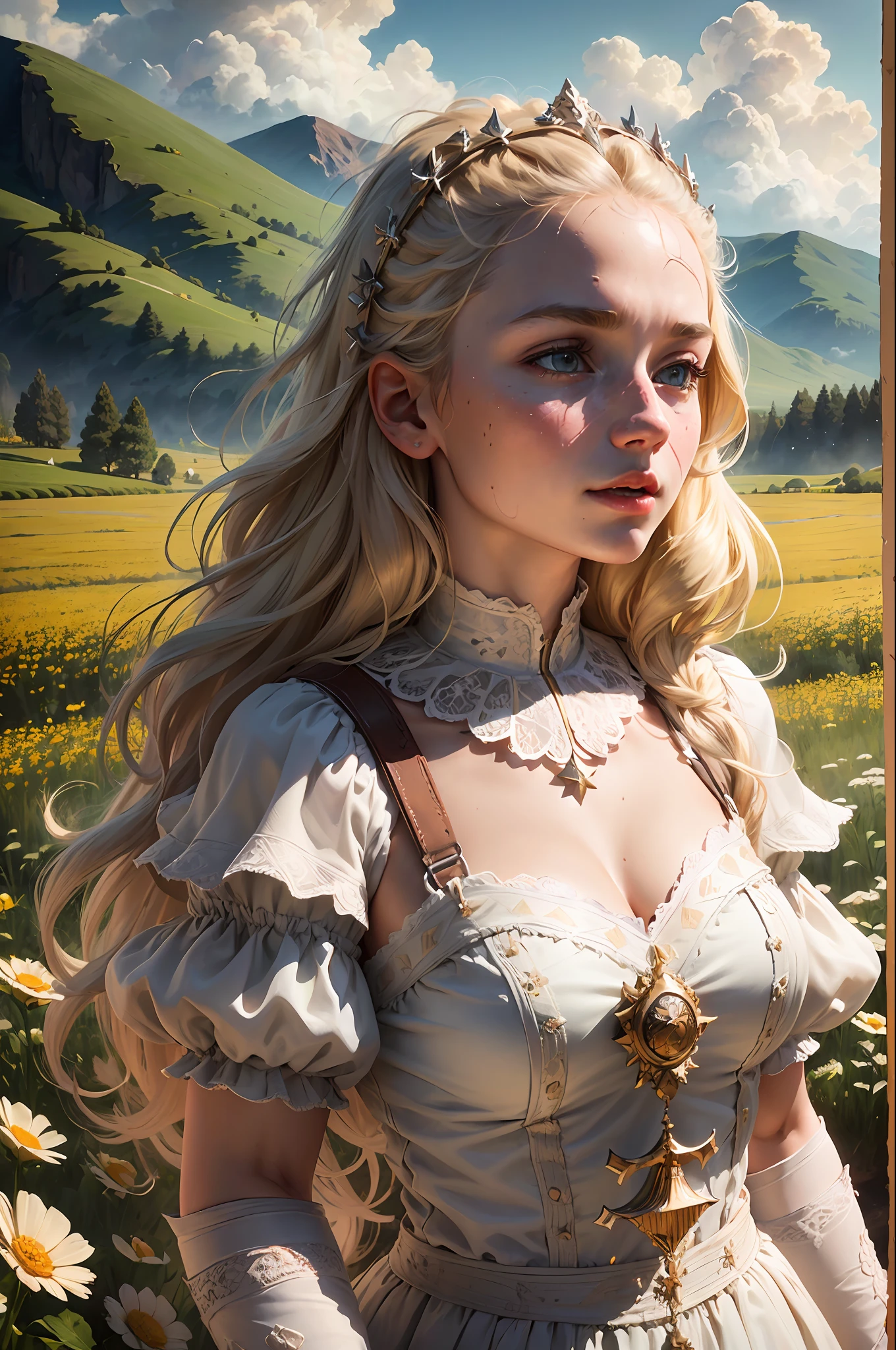 (realistic:1.3), finely detailed, quality, rembrandt lighting, (masterpiece:1.2), (photorealistic:1.2), (best quality), (detailed skin:1.3), (intricate details), dramatic, ray tracing, 1girl, american white girl, blonde hair, 21 years old, medium breasts, (Meadow, Sun, Clouds, Field, Farming, Starlight, Walking trail) --auto --s2