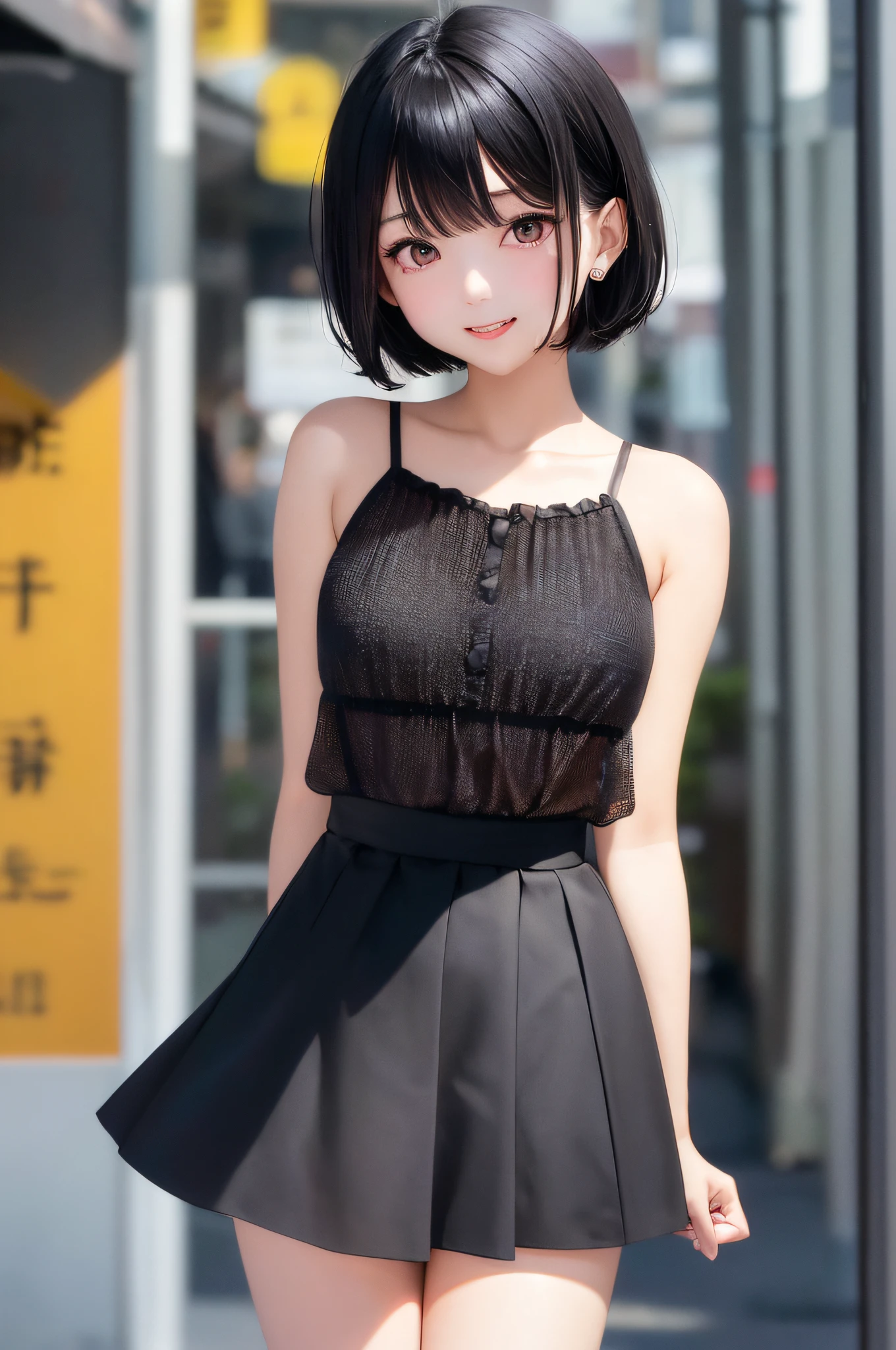 Top quality, Japan female idol, dainty, 20 years old, black hair, short hair, big eyes, small face, cute, smile, cute, beautiful girl, skirt, idol style, dynamism, round face, beautiful older sister, one ear sticking out, slightly blushing, neat and clean young lady, texture close to live action, expression that suppressed joy, mouth bigger, hair shorter, hair fluttering in the wind, 10 heads, beauty, Outer honeycomb short hair, short wolf, hanging eyes, portrait, solo shot, camisole, see-through, separate, cut eyes, girlfriend feeling, skin is often exposed